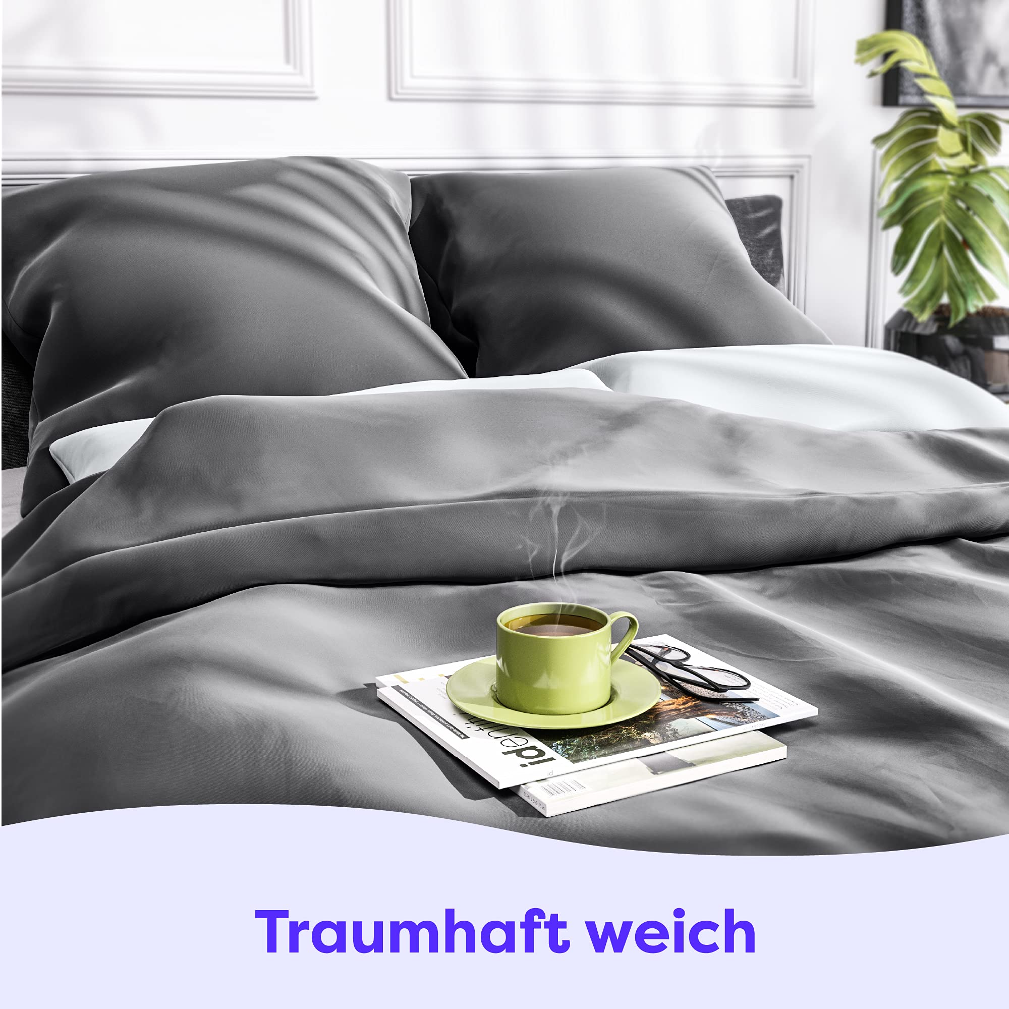 Wolkenfeld Satin Bettwäsche 135x200 4teilig - 100% Baumwolle - Traumhaft weiches Mako Satin - Bettwäsche-Set - 2X Bettbezug 135 x 200 + 2X Kissenbezug 80x80 - Anthrazit Grau