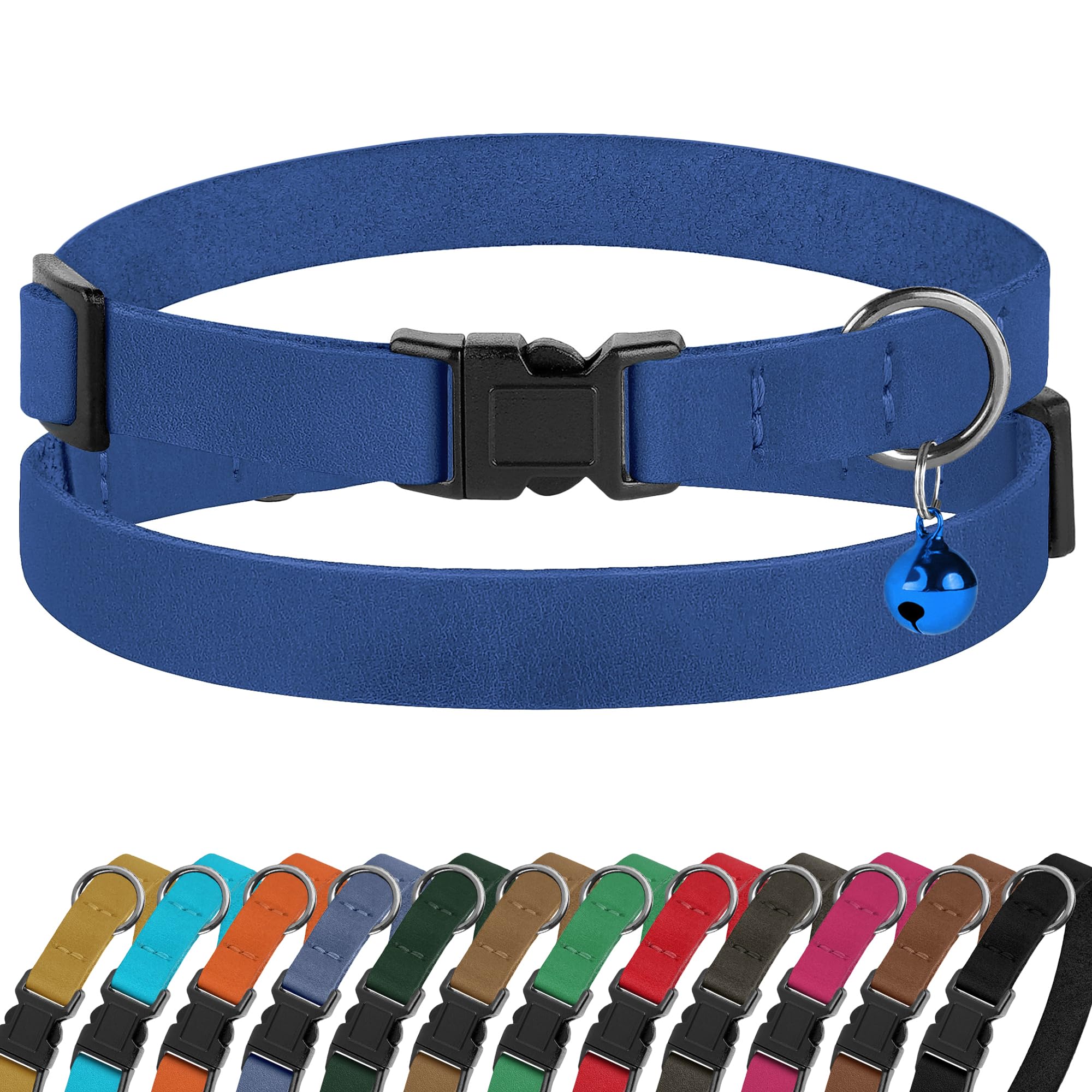 Breakaway Cat Collar Leather with Removable Bell - 13 Colors Available - Soft Adjustable Girl Boy Safety Lightweight Pet Kitten Collars Pink Brown Blue Green Red Orange Black (Blue)