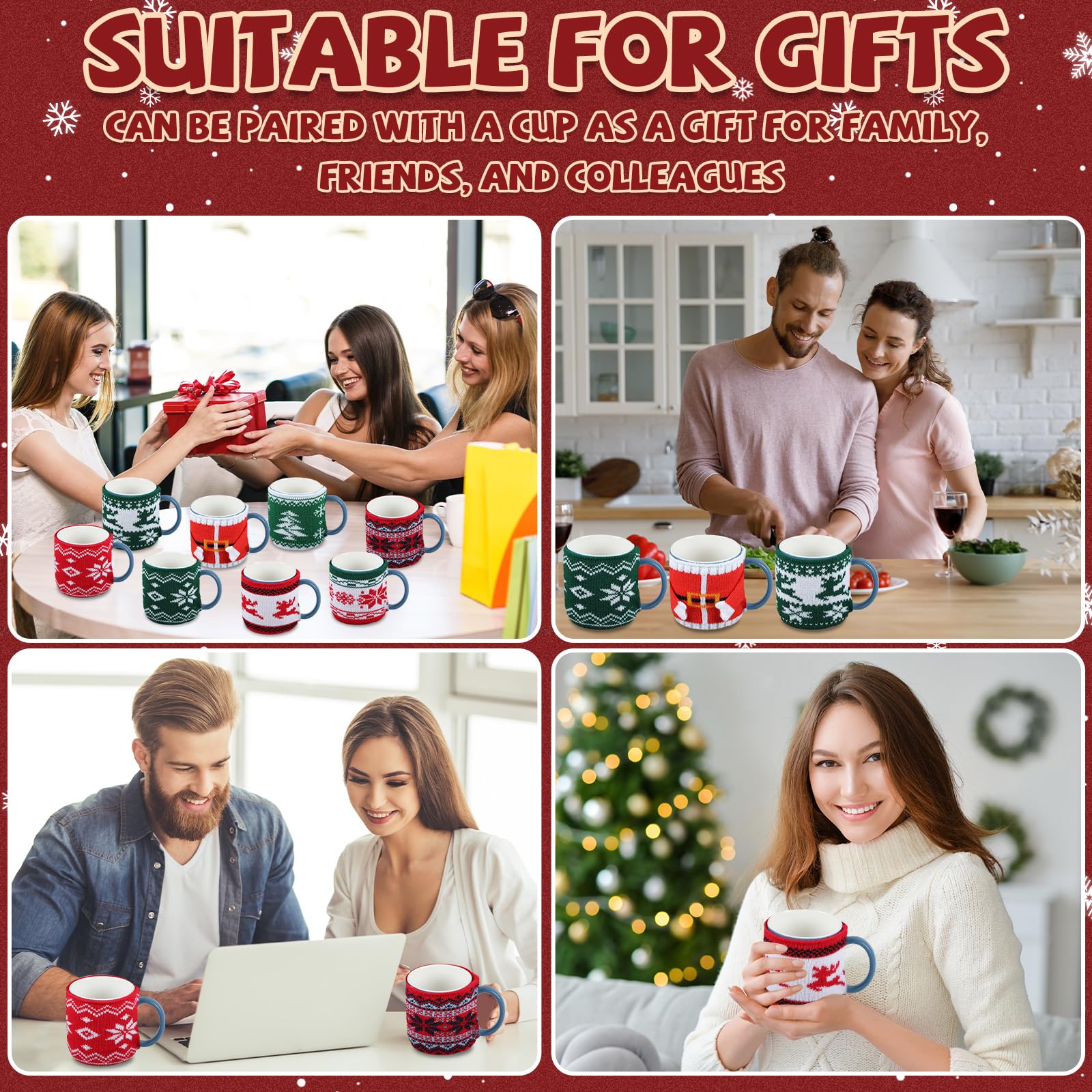 8 tazas de café de Navidad acogedoras tazas de café de punto taza de café suéter funda reutilizable ganchillo café y té calentador taza con botones taza de café de invierno decoración para bebedor de