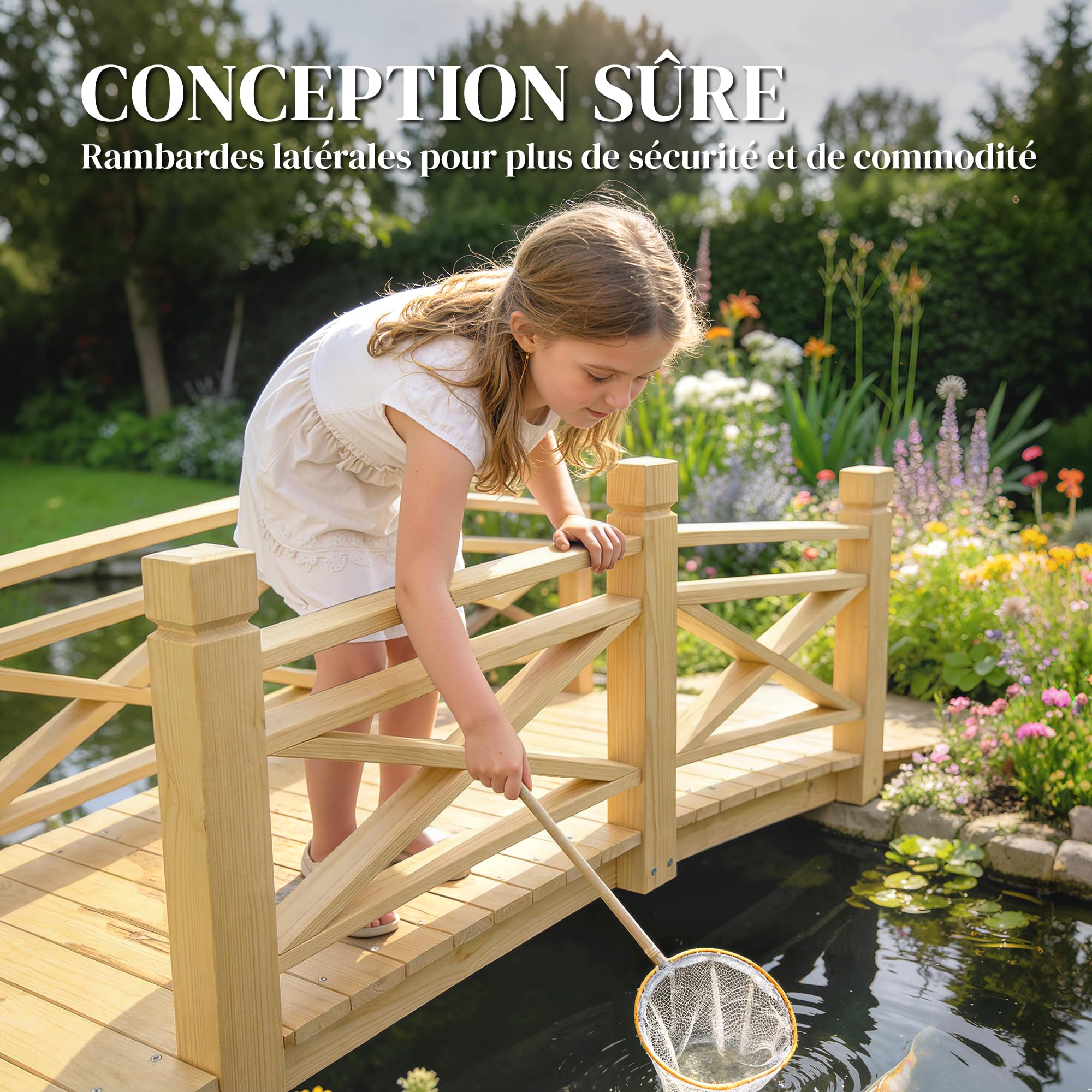 Outsunny Pont de Jardin en Bois Carbonisé Arqué 1,74m - Passerelle avec Main Courante Sécurisée et Charge 200kg - Décoration Extérieure Traitée et Résistante, Naturel