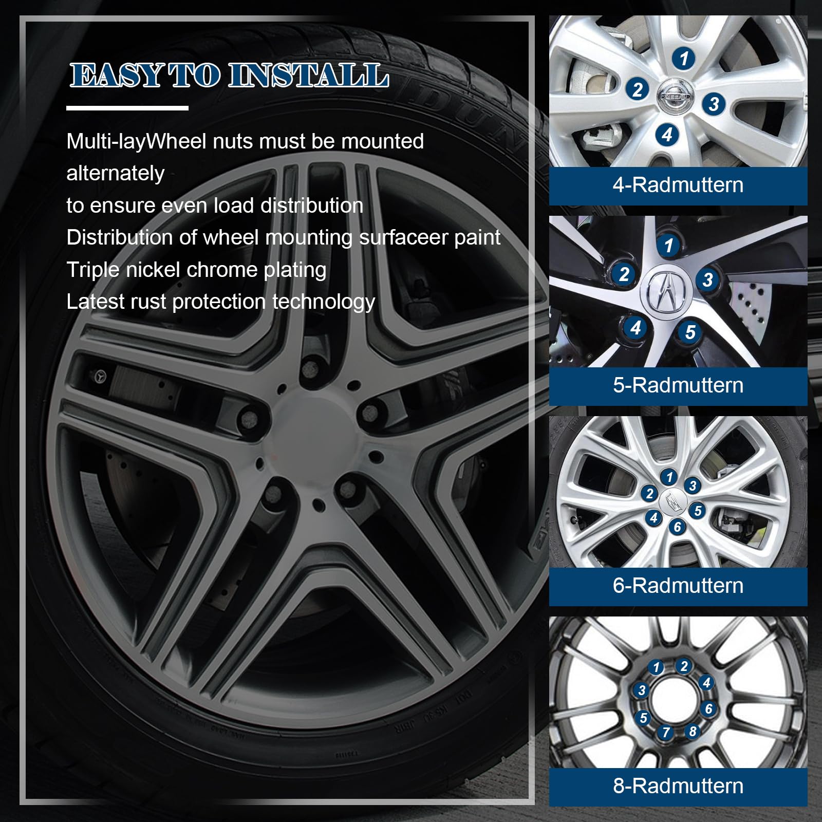 APACALI Lot de 32 écrous de roue M12 x 1,5 - Style original - Grands écrous de roue à glands pour Ford Fiesta Focus Fusion - Extrémité chromée