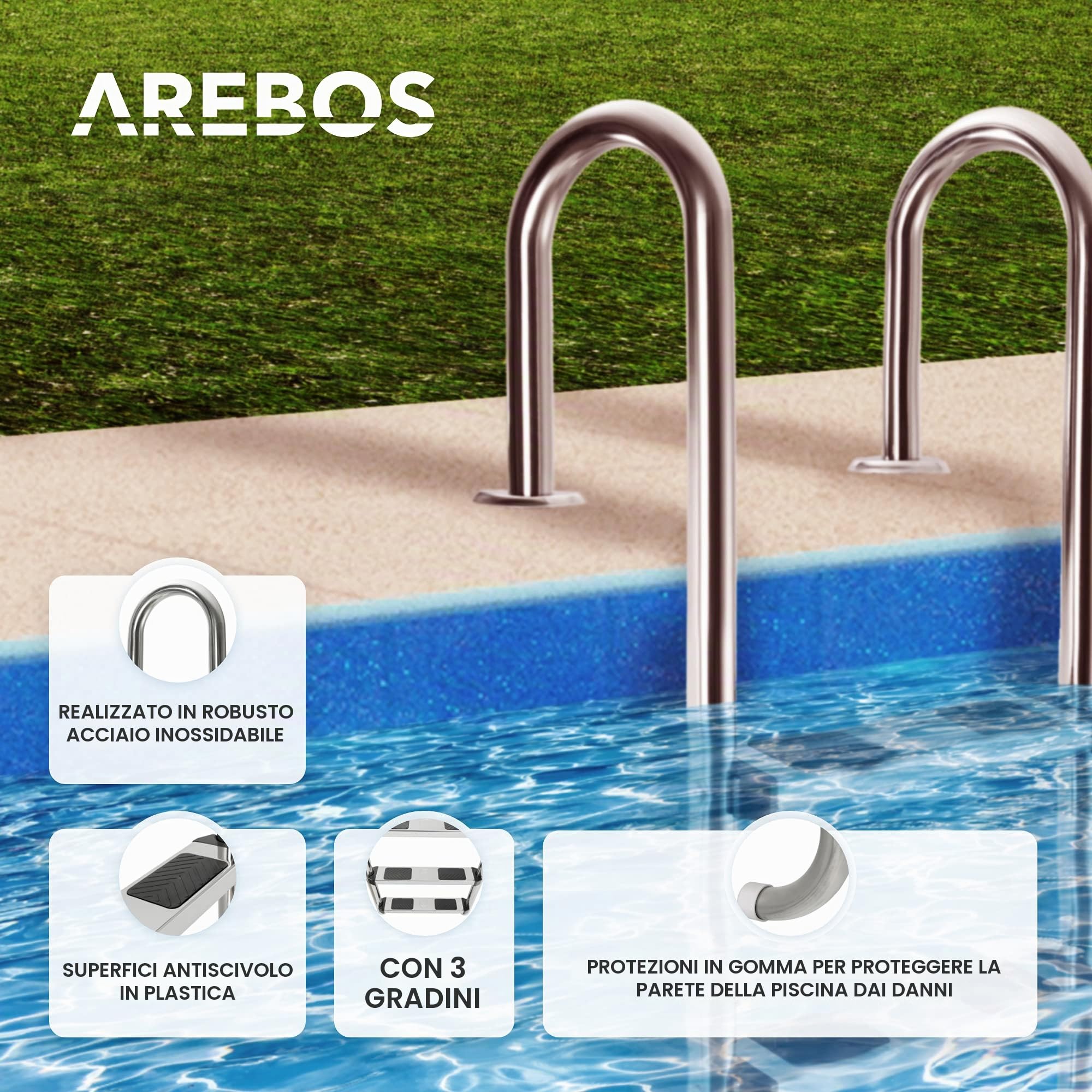 Arebos Scaletta in acciaio inox a 3 o 4 gradini | con cuscinetti antiscivolo sui pioli | 3 livelli