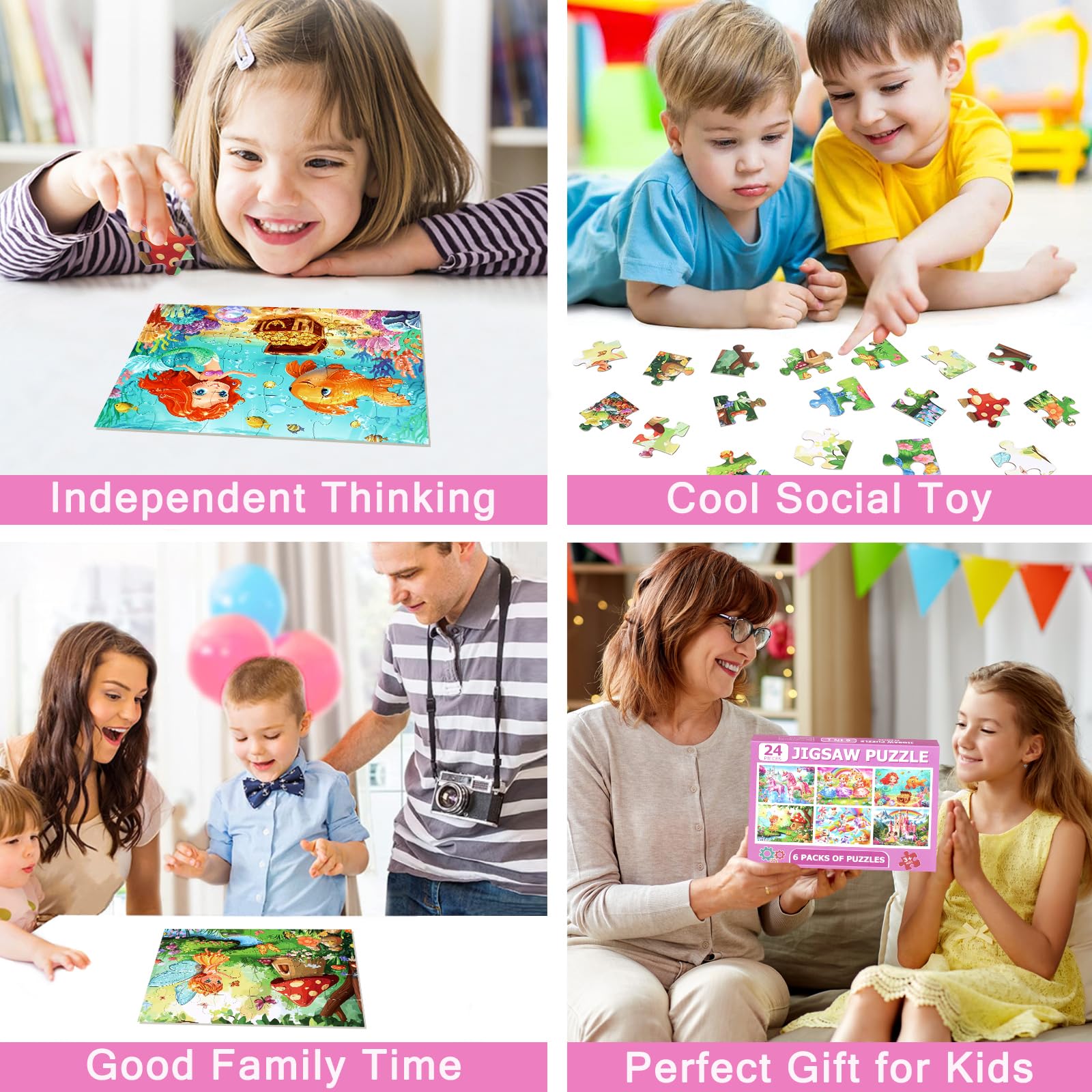 MZZOTOY 6 Puzzles für Kinder im Alter von 4-6 Jahren, 24 Puzzleteile Prinzessin und Einhorn für Kinder von 3-5 Jahren, 4-8, Lernspielzeug für Vorschule