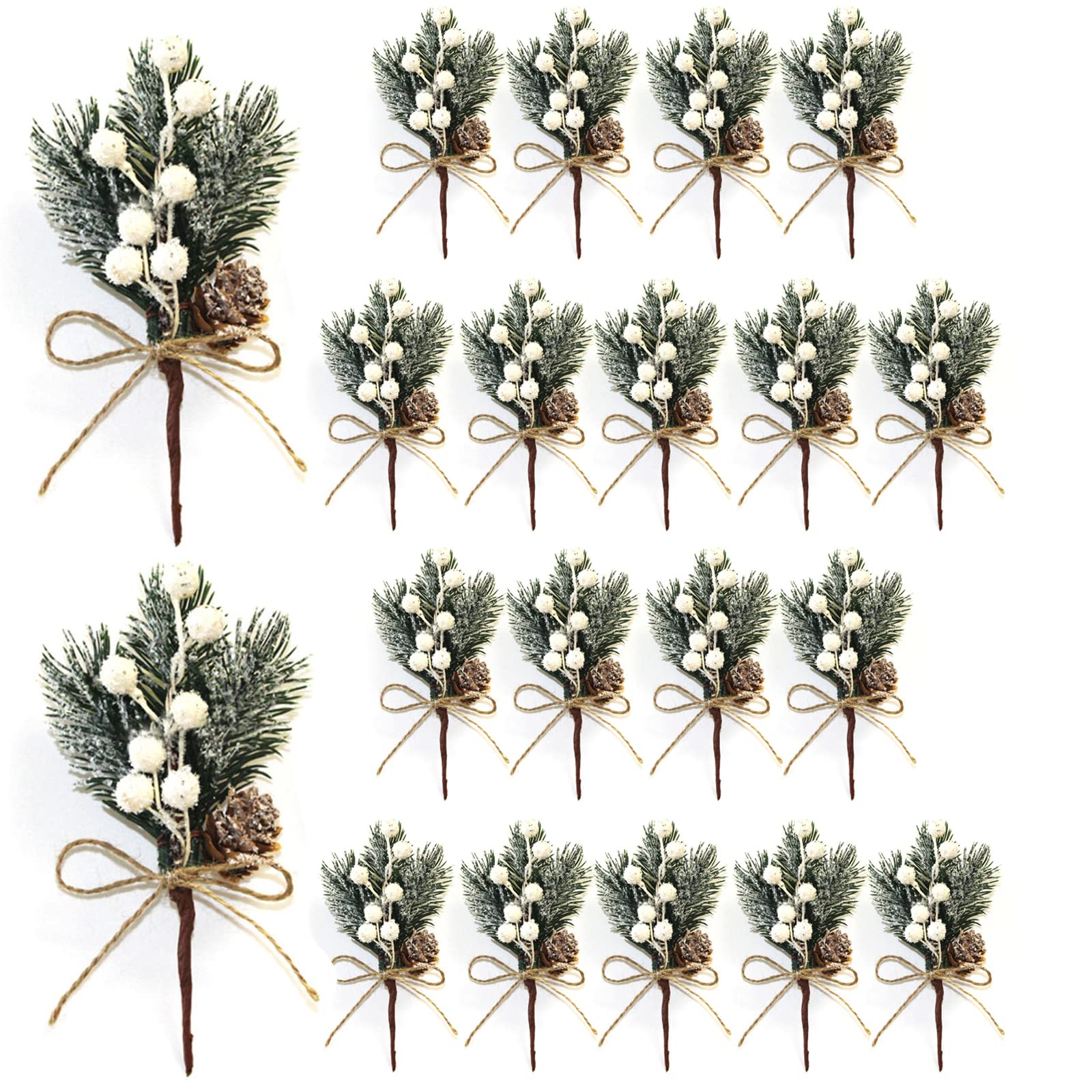 HJHIWE White Berry Stems Pine Branches 20Pack, Christmas Picks Spray Artificial Pine Cones Holly Stem Craft, Winter Holiday Floral Picks Holly Stem for Xmas Garland Wreath Ornaments.