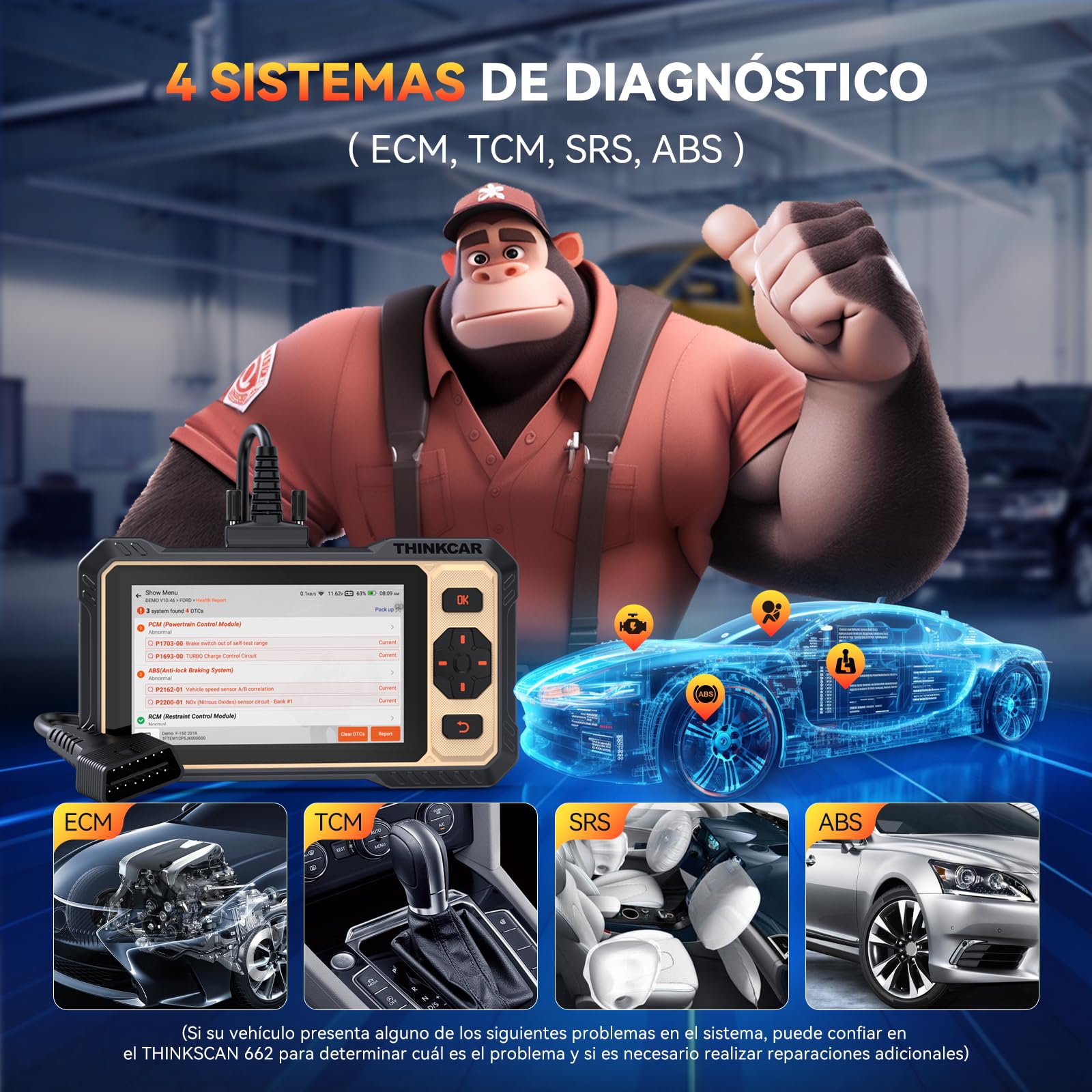 THINKCAR OBD2 Diagnosis, ThinkScan 662 Diagnosis Coche Multimarca de 4 Sistema(ECM/TCM/SRS/ABS), Diagnosis Coche con 12 Funciones de Reinicio/Vin Automático/Prueba Activa-Actualización Gratuita | THINKCAR OBD2 Diagnosis, Diagnosis Coche con 12 Funciones d