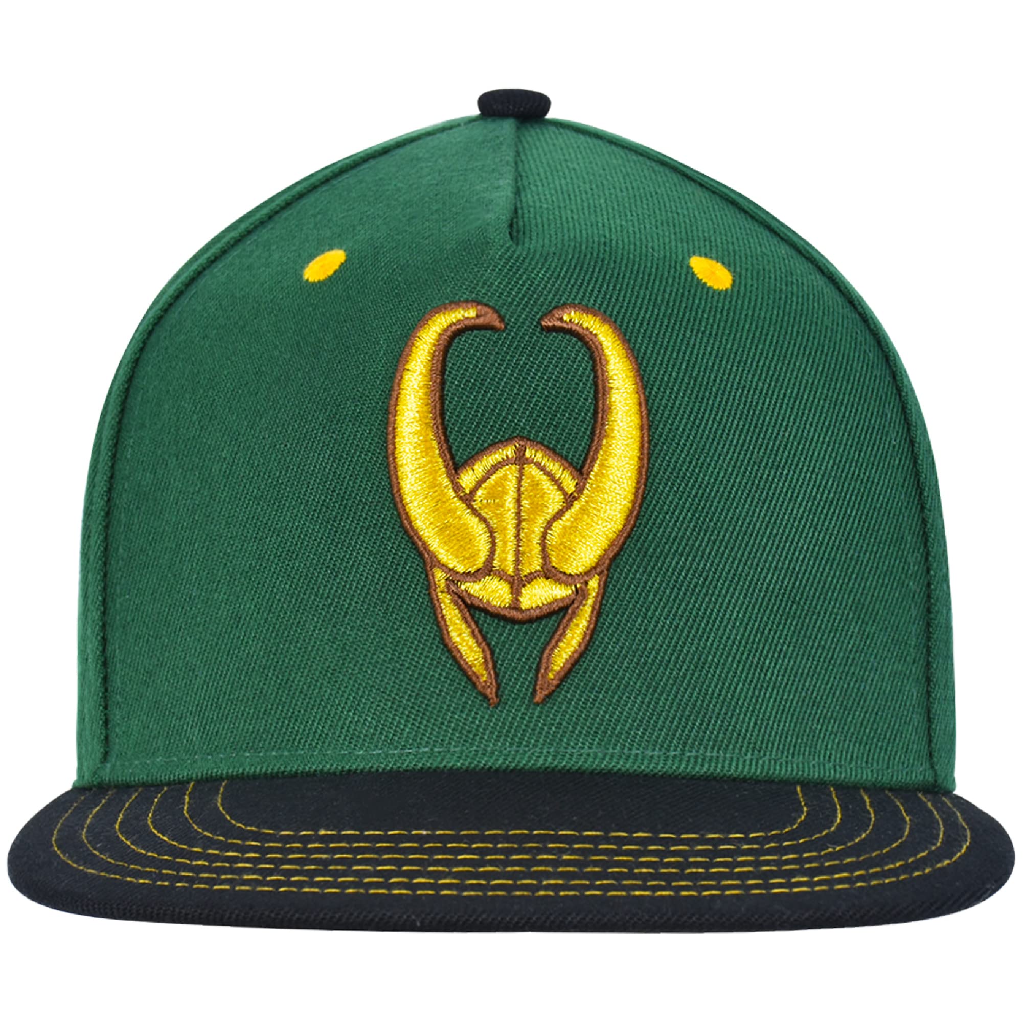 Marvel Loki Baseball Hat, Gold Embroidered Logo Adult Snapback Cap with Flat Brim, Green, One Size