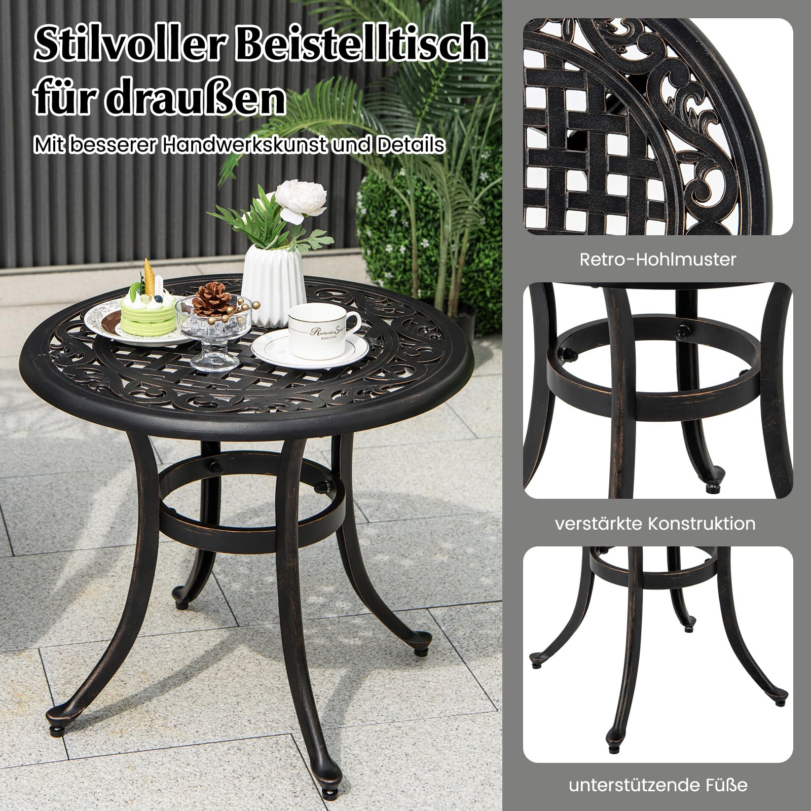 COSTWAY Stolik pomocniczy z odlewu aluminiowego, odporny na warunki atmosferyczne, regulowane podusze na nogach, okrągły stół ogrodowy do ogrodu, balkonu, 60x60x53