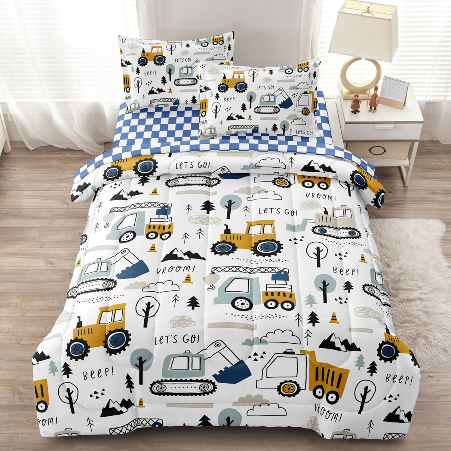 Leaflin 5-Pcs Construction Full Size Boys Bedding Set, Kids Comforter Set for Teens w/Sheets and Pillowcase, Soft Cartoon Tractor Cars Bed in a Bag