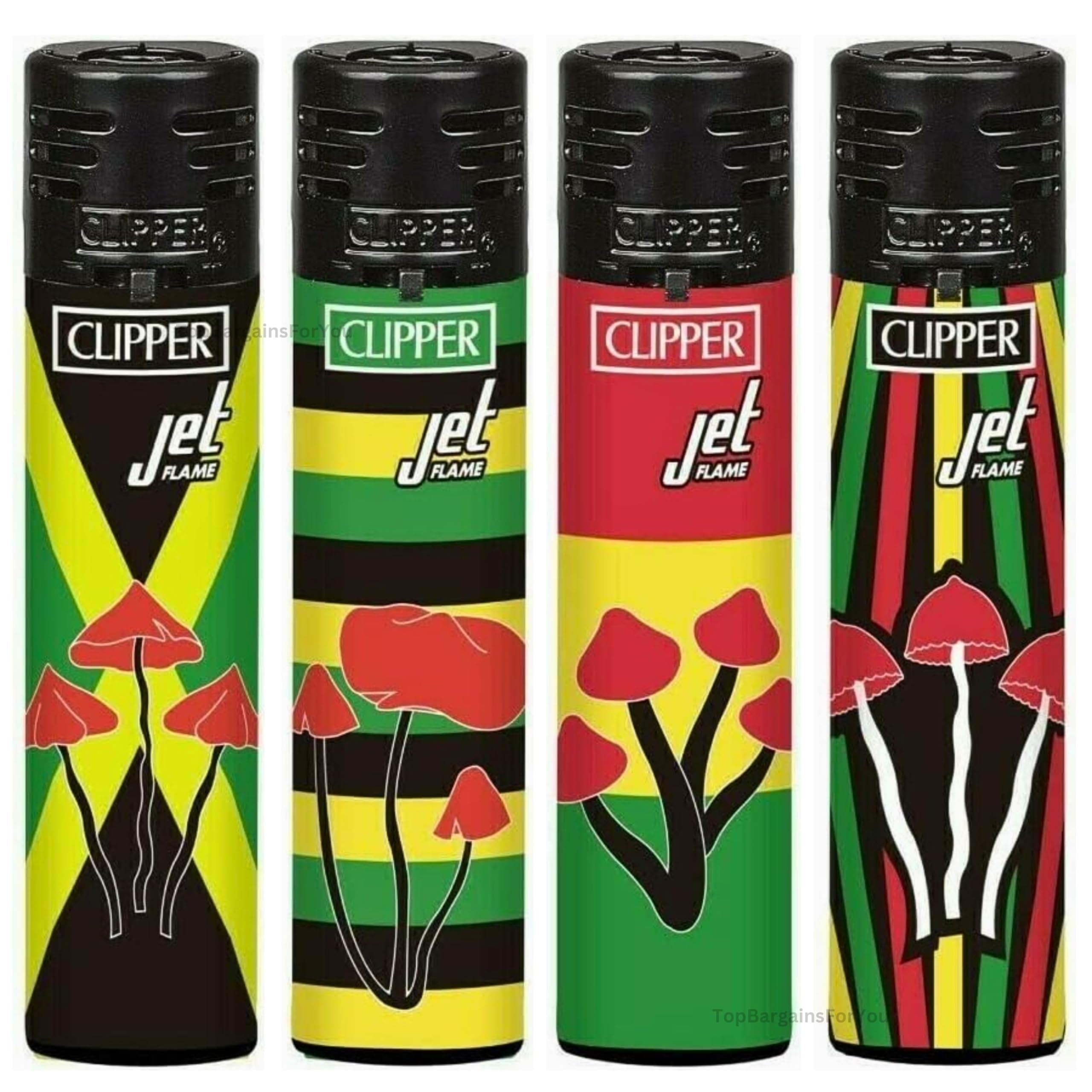 Zactly Multicolour - 4 X Clipper Lighters Round Jet Black Silver Top Windproof Refillable (Jamaican Mush Shrooms)