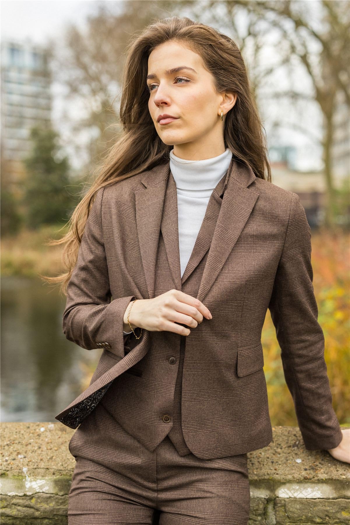 TruClothing.com Damen Anzug 3 Teilig Braun Preis von Wales Karo Tailored Fit Business Formal Damen Kleid
