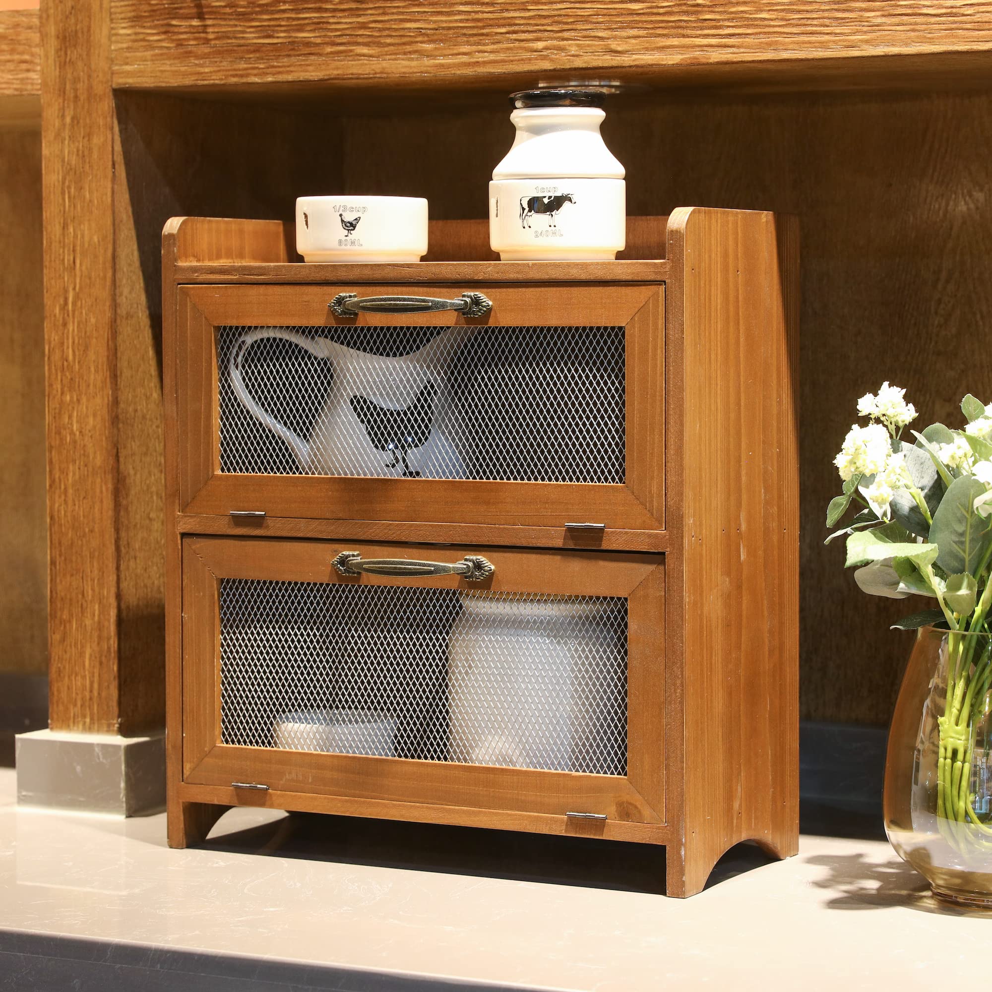 COLLECTIVE HOME - 2 Tiered Storage Cabinet, Countertop Cabinet, Wood Organizer for Kitchen Living Room Bedroom Office, 15.75 x 14.5 x 6.5 (no Pattern, Double Door, Brown)