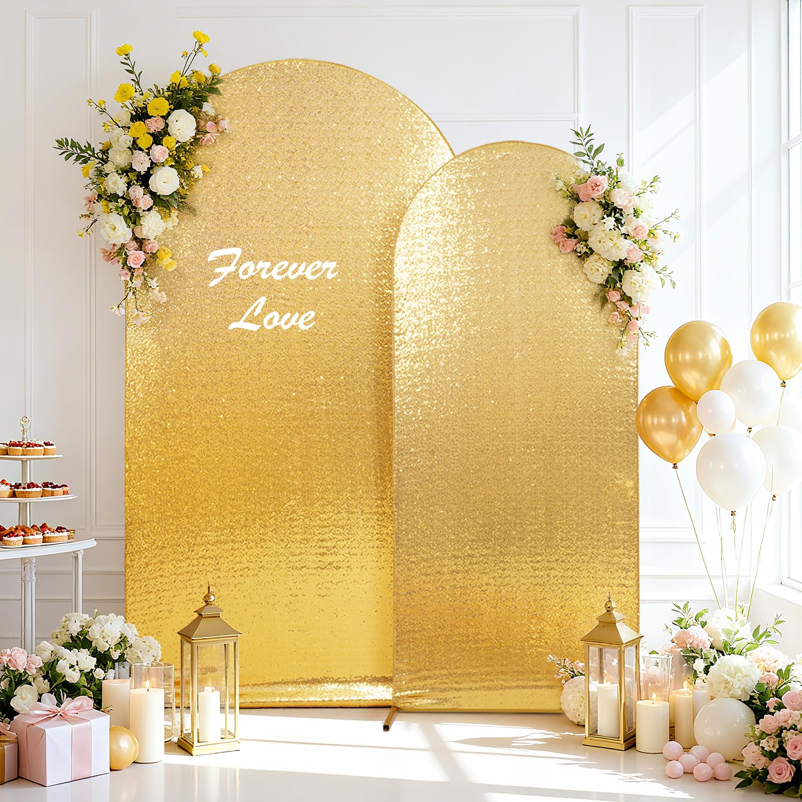 SquarePie Copertura per sfondo ad arco da 2,5 m, con paillettes dorate, top rotondo Chiara spandex elastico brillante copertura per matrimoni, feste di compleanno, banchetti