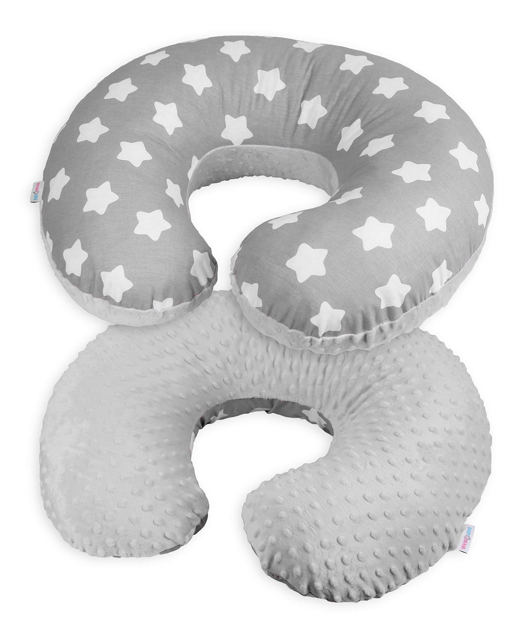 Babymam Nursing Pillow Dimple Breast and Bottle Feeding Cushion Baby/Newborn Washable Removable Cotton Cover Maternity Pregnancy Gifts (Big White Stars on Grey)