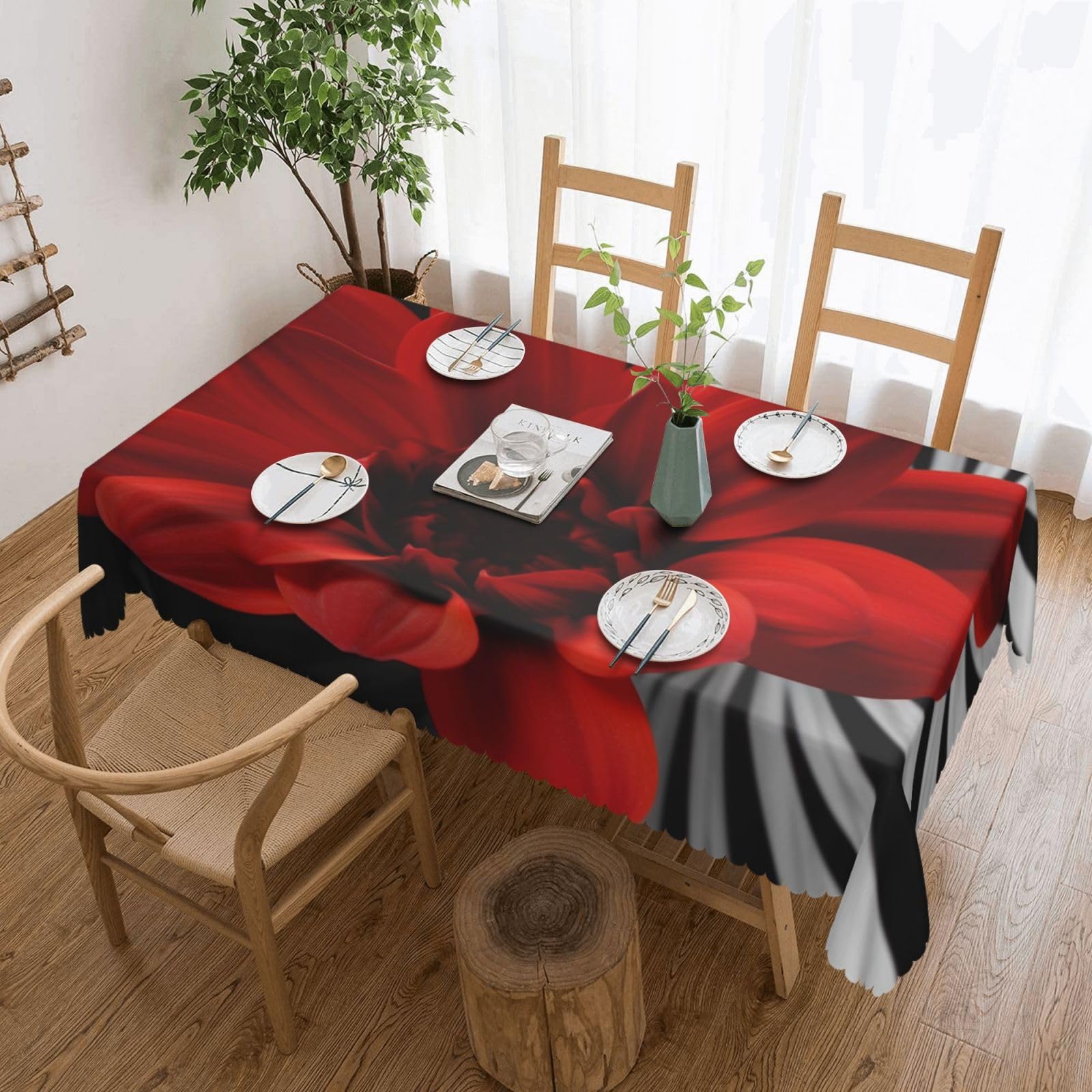 Nappe rectangulaire lavable à fleurs rouges pour table propre sans tache