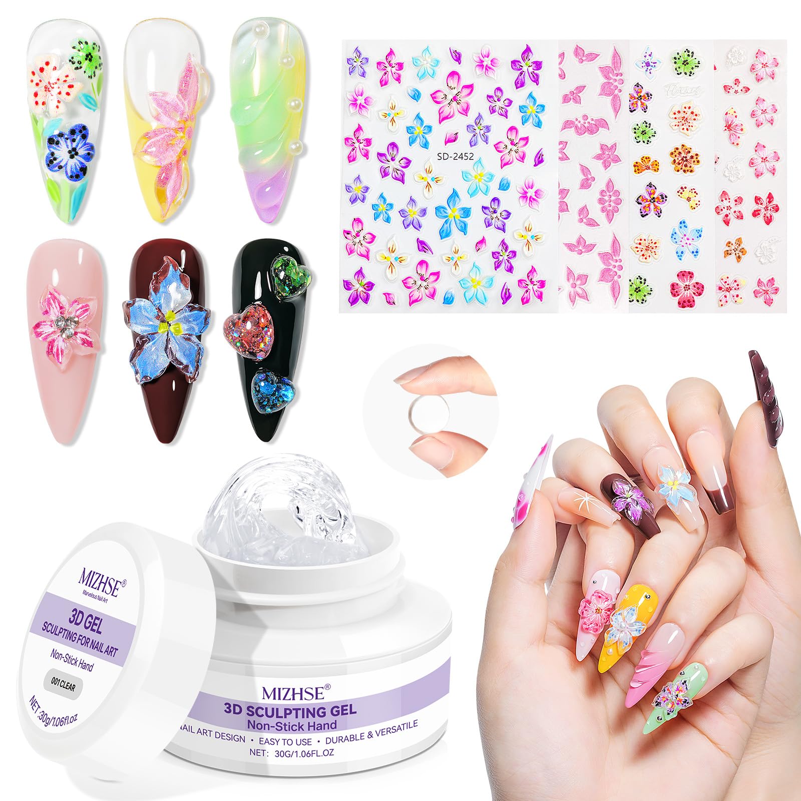 MIZHSE 30G Clear Sculpting Gel für 3D Flowers Nail Art mit Nagelsticker Blumen und Silikon Nagel Pinsel, 3D Gel Nail Art Non Stick Nails Charms Glue DIY Maniküre Werkzeug