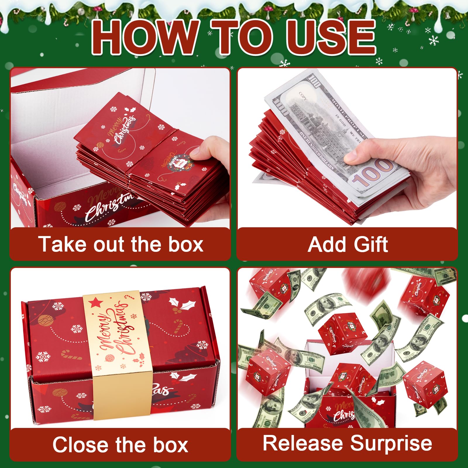 Surprise Gift Box Explosion for Money, Exploding Money Gift Boxes for Cash, Money Gift Boxes for Cash Pop Up, Chritmas, Birthday Anniversary Valentine Proposal (12 Bounces, Red)