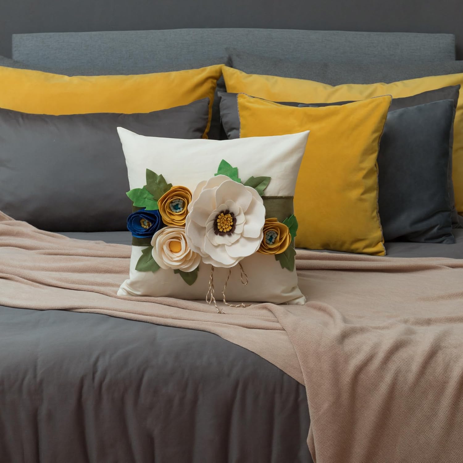 JWH 3D Flower Throw Pillow Cover Decorative Creamy White Cushion Case Floral Path Cushion Colorful Rose Pillowcase for Home Bed Sofa Couch Living Room 18x18 Inch Blue Green Yellow