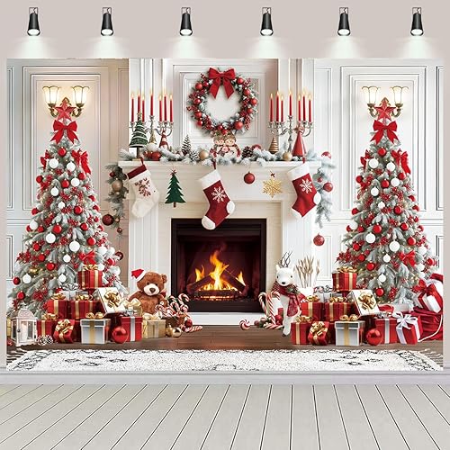 Miniatura 8 de Telón de fondo de chimenea de Navidad blanco y rojo, fondo de fotografía de árbol de Navidad, vacaciones de invierno, Año Nuevo, decoración de