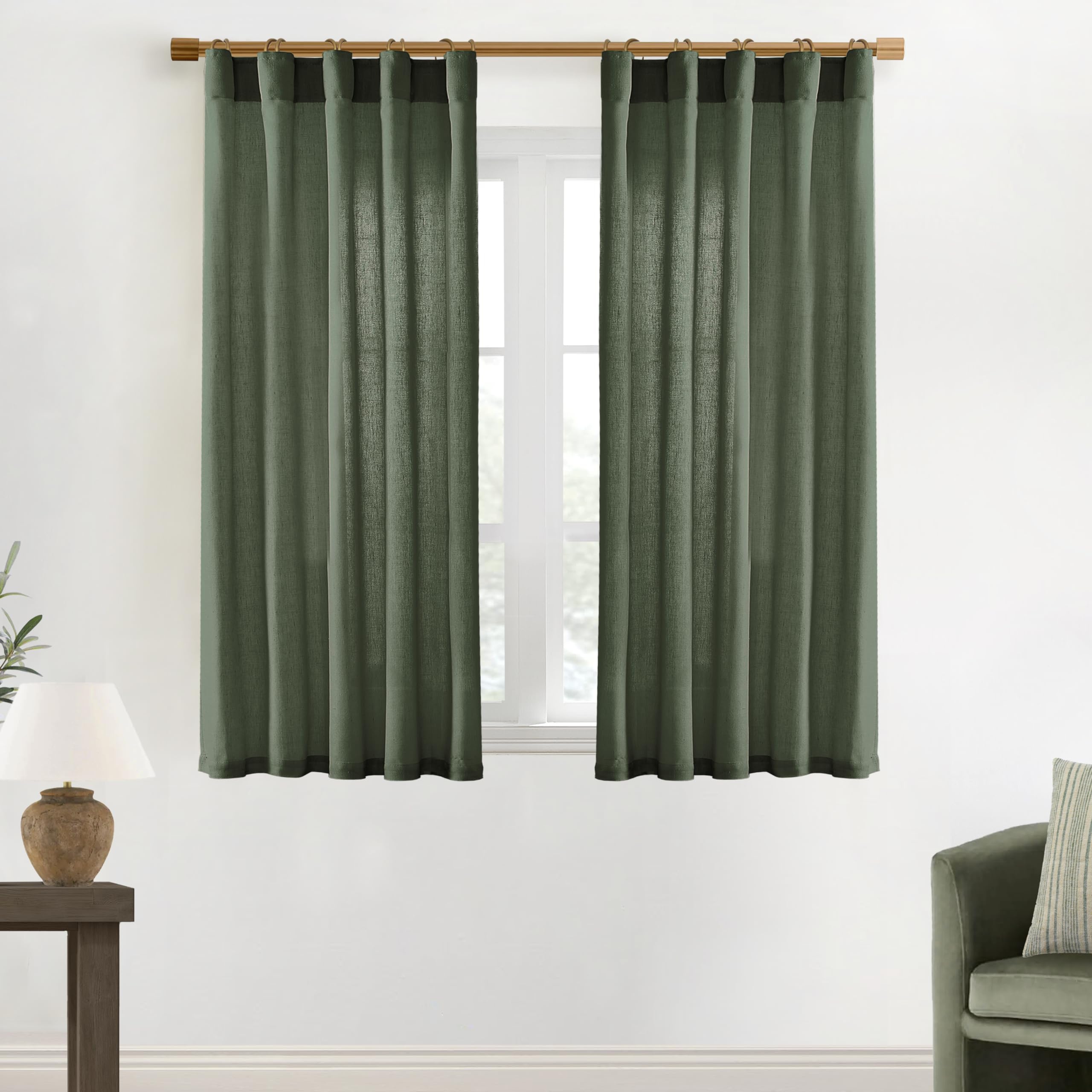 Photo 1 of XTMYI Short Curtains for Bedroom,Pole Pocket Back Tab Linen Boho Small Curtain for Kitchen Shower Bathroom Window,54 Inch Length,Dark Olive Green