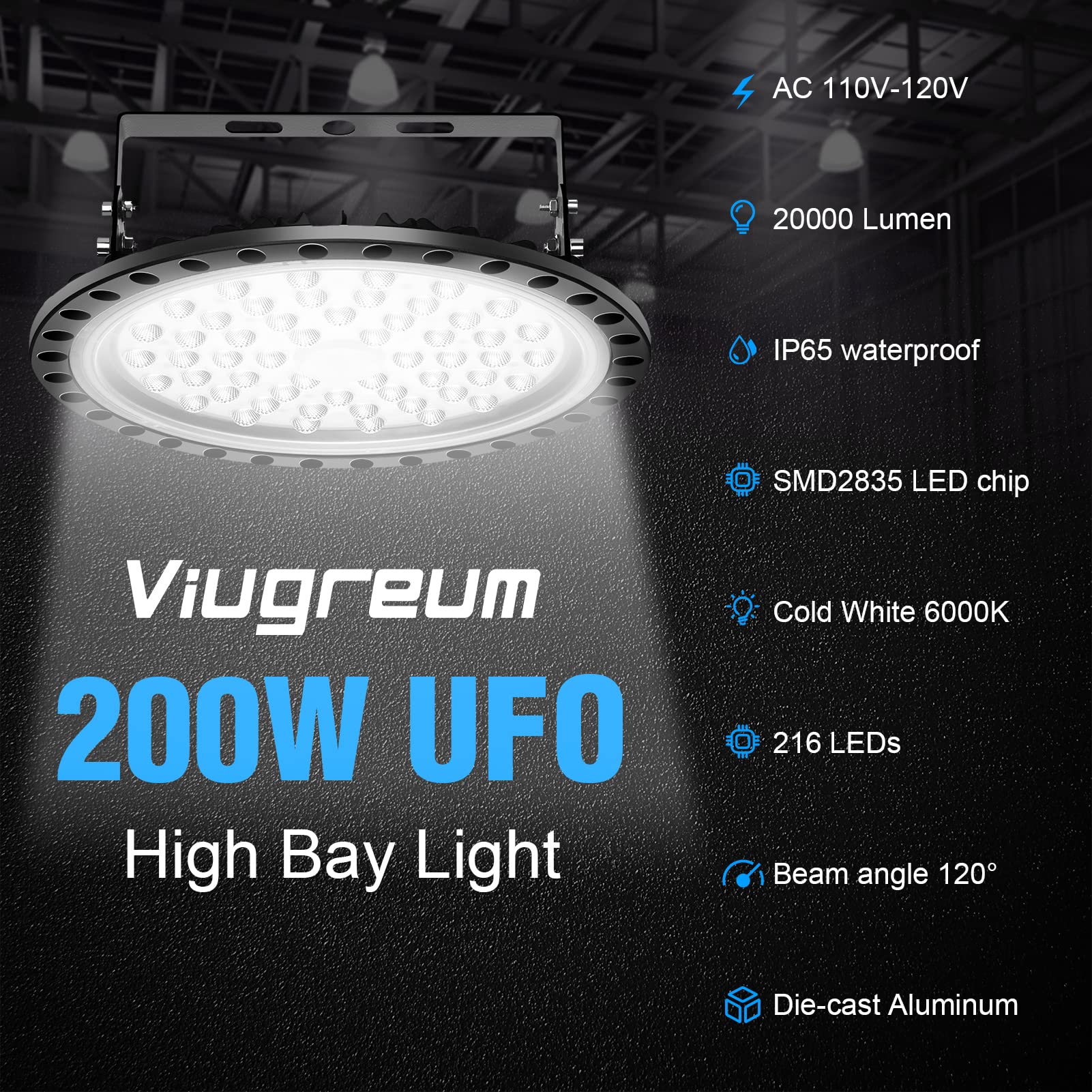 Viugreum UFO LED High Bay Light 200W 20000LM 5500K UFO Lights Warehouse Lighting IP65 Waterproof LED Lights Commercial — view 9