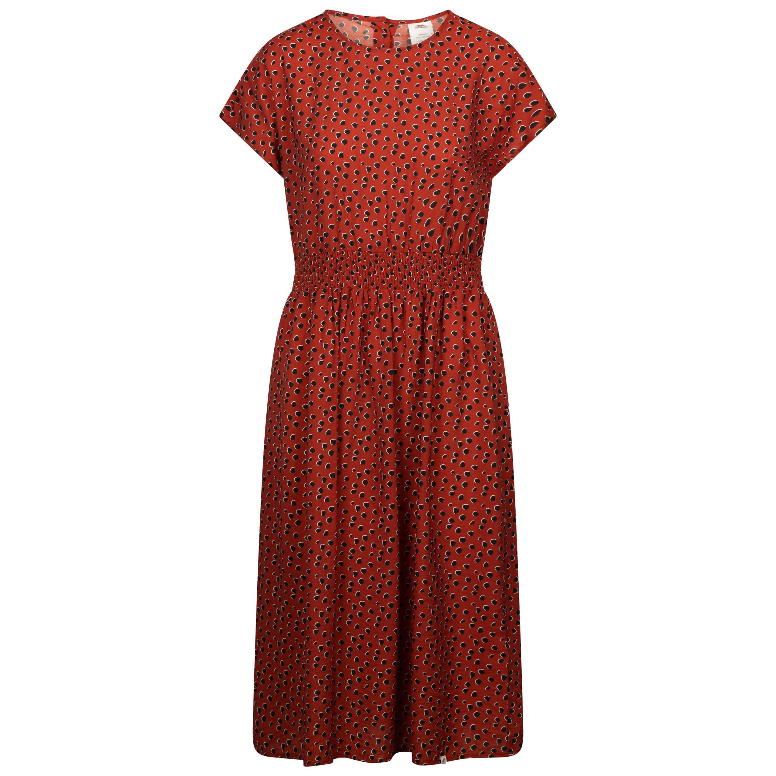 Trespass Womens Printed Round Neck Dress Susanne - Midi Length with Cap Sleeve, All Over Print, Shirring Waist Panel with Button Detail on Back