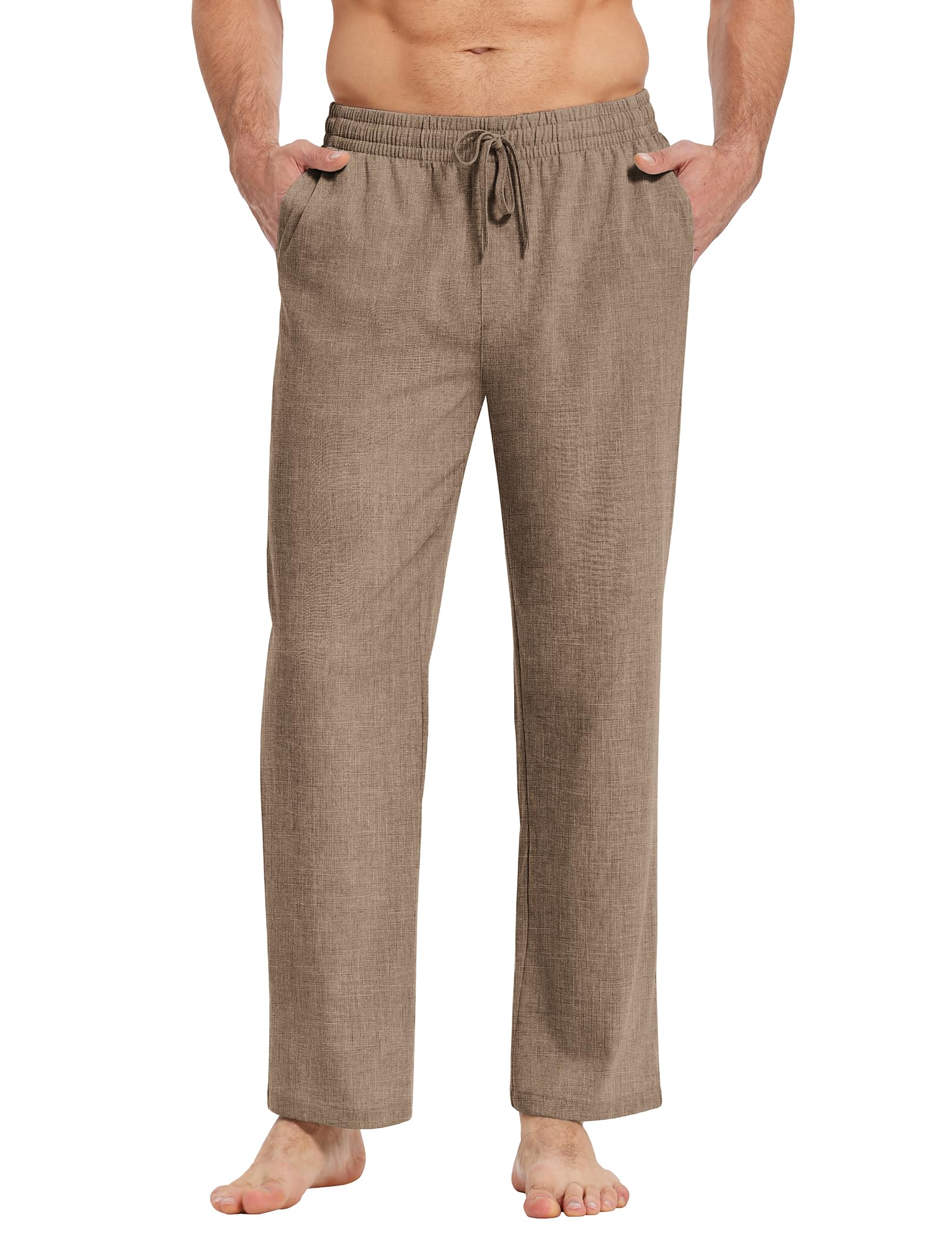 COOFANDY Hosen Herren mit Kordelzug Leichte Sommerhose Leinenhose Schlupfhosen mit Gummibund Freizeithose Strandhose Stoffhose Herrenhosen Lang Casual Urlaubshose Braun L