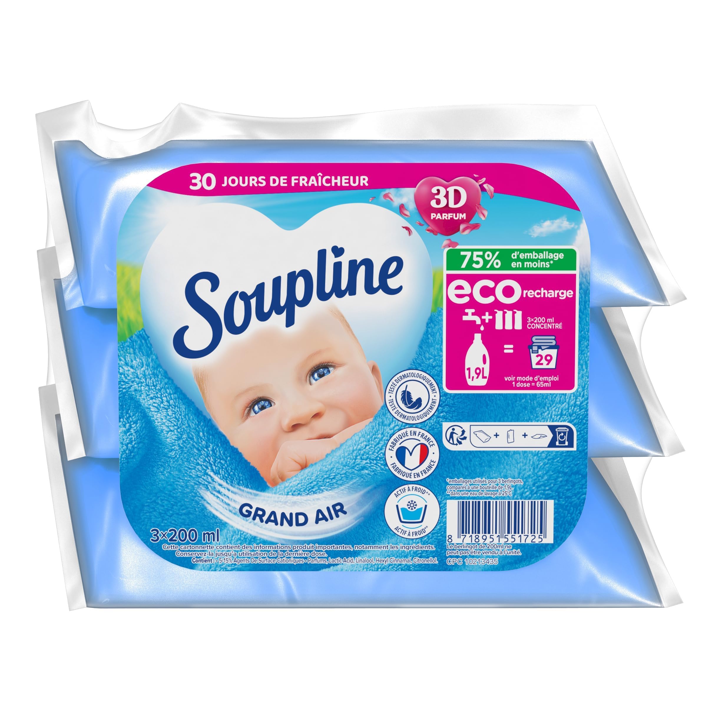 SOUPLINE - Weichspüler-Konzentrat Soupline 3D Grand Air – Eco-Nachfüllpackungen – aktive Formel mit Kälte – 92 % Inhaltsstoffe natürlichen Ursprungs – 16 Packungen à 3 x 200 ml