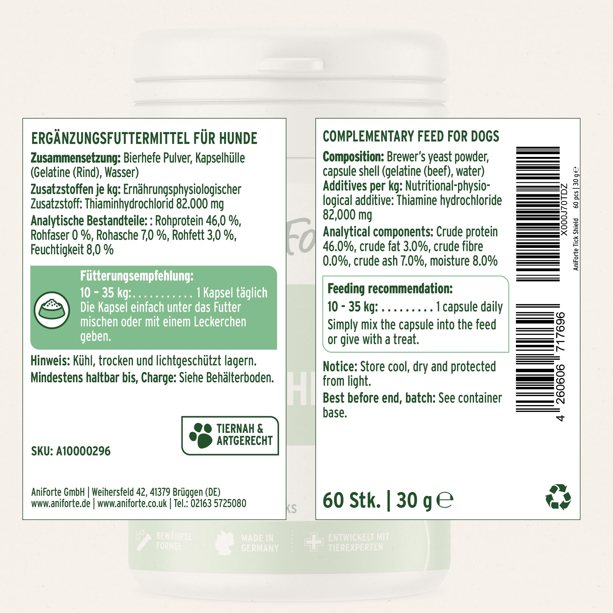 AniForte Garrapata Shield para Perros (10-35kg) 60 cápsulas. Producto 100% Natural. Complejo de Vitamina B Que Actúa como Escudo Anti-Garrapatas y Parásitos