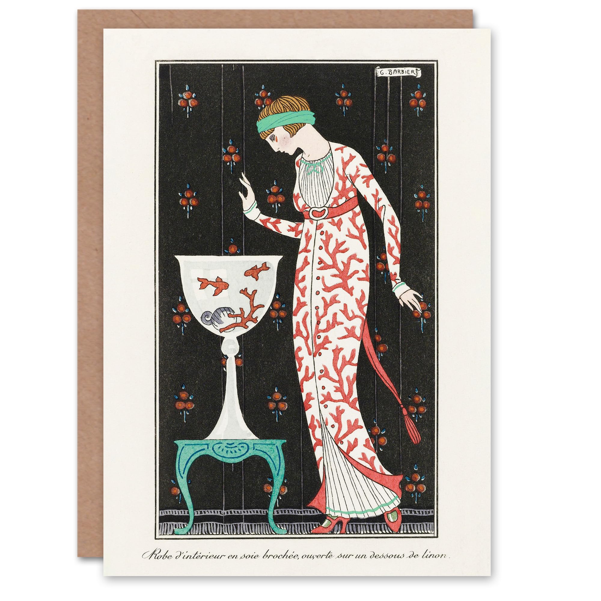 Artery8 George Barbier Art Card Coral Evening Dress Vintage Fashion Advert