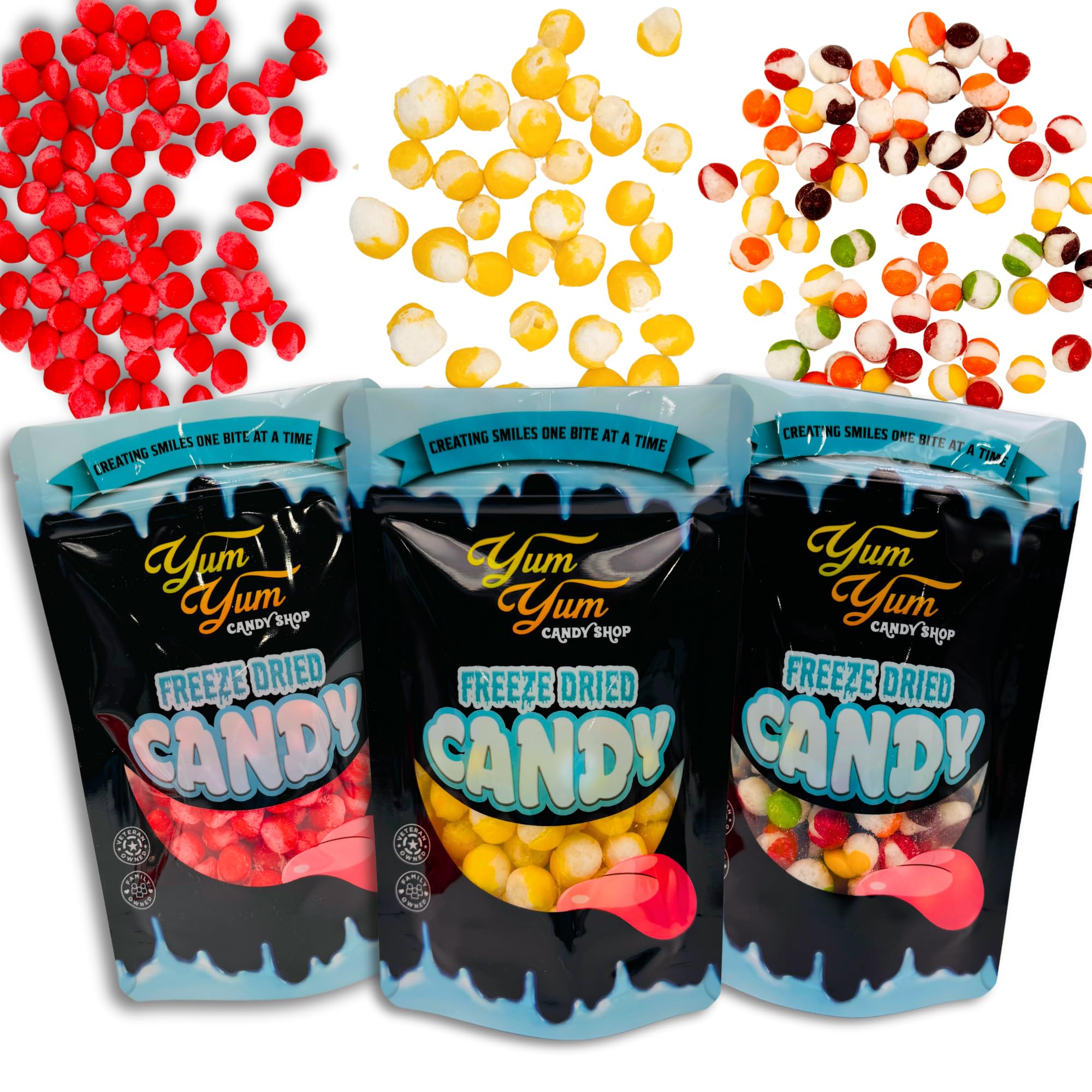 Freeze Dried Candy Variety Pack – Rainbow Krunchies, Sour Lemon Ballz, Cinnamon Hotties – Sweet & Sour Crunchy Snack – 3 Bags – Viral Snack Gift – Yum Yum Candy Shop
