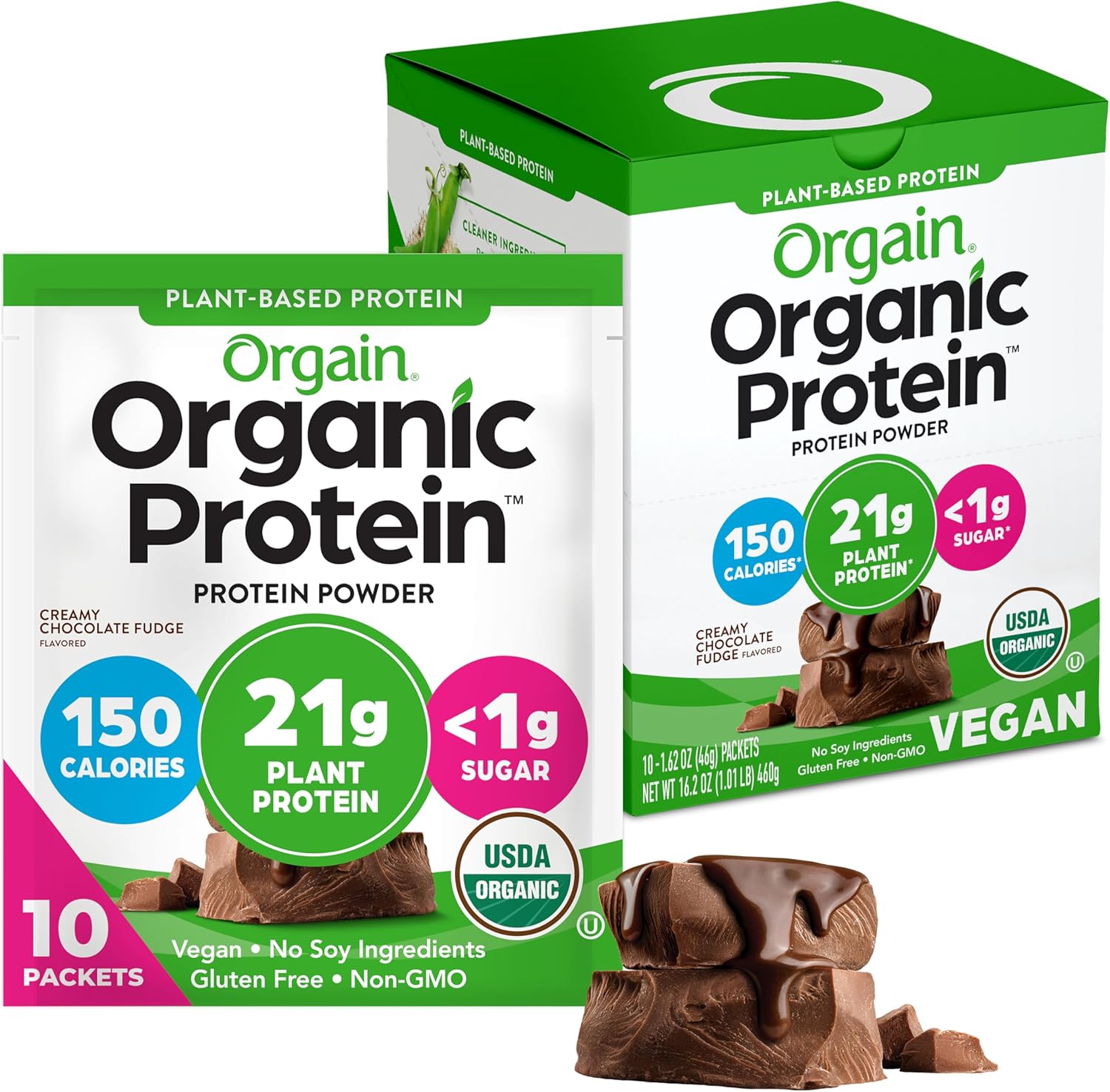 Orgain Organic Vegan Protein Powder, Creamy Chocolate Fudge - 21g Plant Protein, 6g Prebiotic Fiber, Low Carb, No Lactose Ingredients, No Added Sugar, Non-GMO, For Shakes & Smoothies, 10 Travel Packs