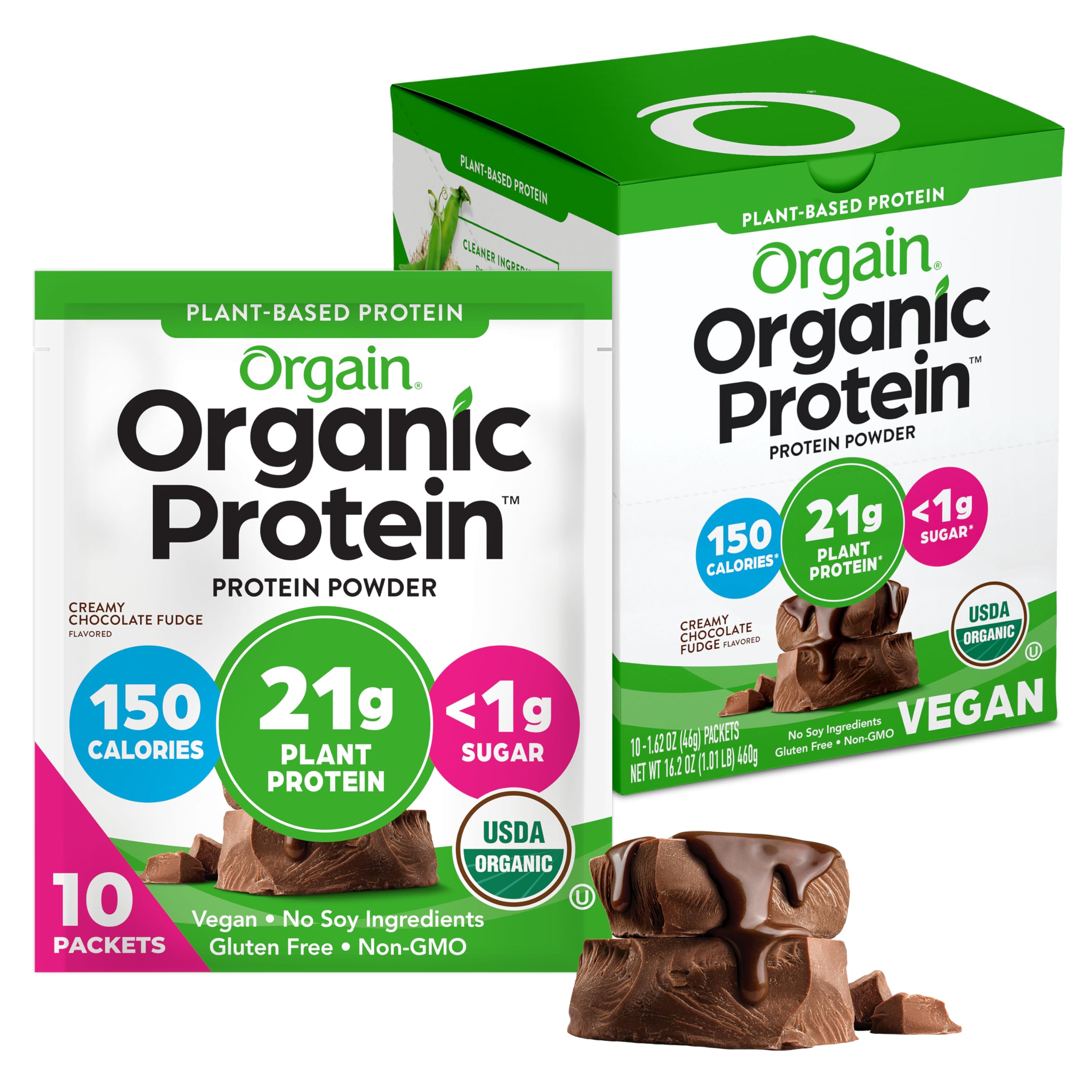 Orgain Organic Vegan Protein Powder Travel Pack, Creamy Chocolate Fudge - 21g of Plant Based Protein, 6g of Fiber, No Dairy, Gluten, Soy or Added Sugar, Non-GMO, 10 Count