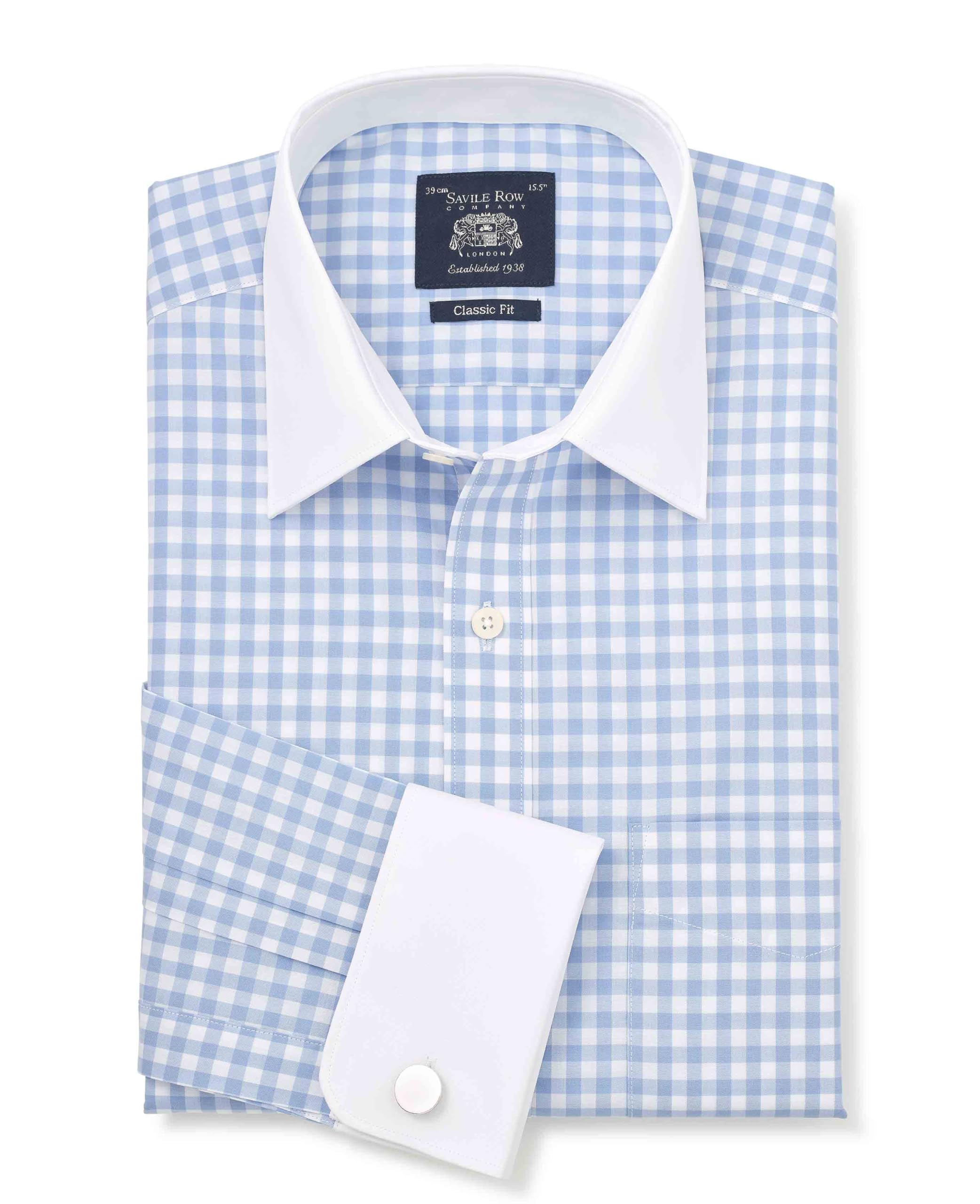The Savile Row Company London Men's Blue White Gingham Check / White Collar & Cuffs Classic Fit Cotton Poplin Double Cuff Winchester Formal Shirt - 16.5" Collar