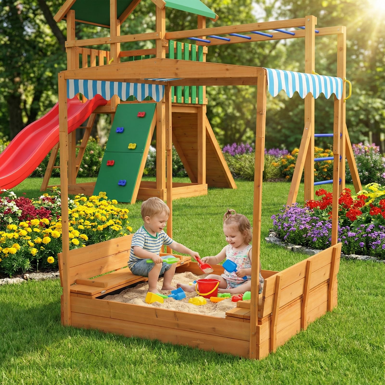 LEADZM Bac à Sable en Bois pour Enfants avec Couvercle Toit et Banc, 118.2 x 113 x 151.5 cm, Grand Bac à Sable Extérieur pour Jardin, Plage, Parc, Cadeau pour Garçons et Filles de 3 à 12 Ans