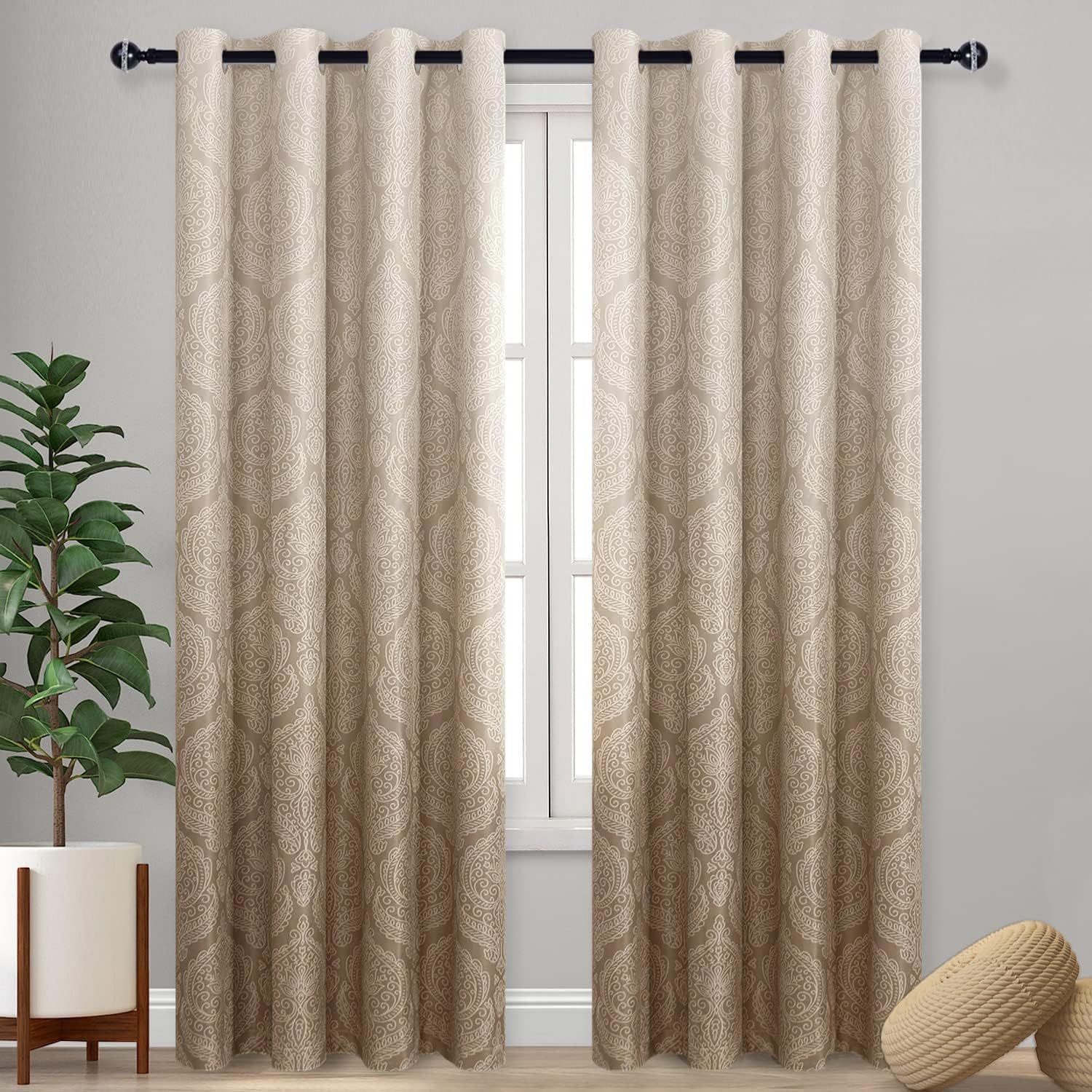 DWCN Taupe Room Darkening Curtains for Living Room - Ombre Damask Patterned Extra Long Grommet Curtains for Bedroom, 2 Panels, Gradient Window Curtain