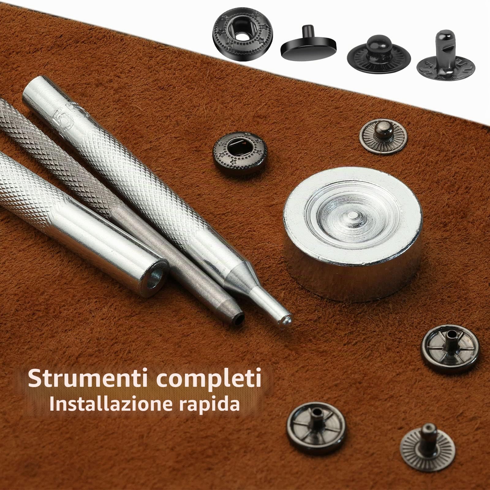 Benlay 50 set di bottoni a pressione in pelle, set di bottoni a pressione da 10 mm con strumento di installazione a 4 pezzi, bottoni a pressione in pelle per cucire vestiti, borse e lavori fai da te