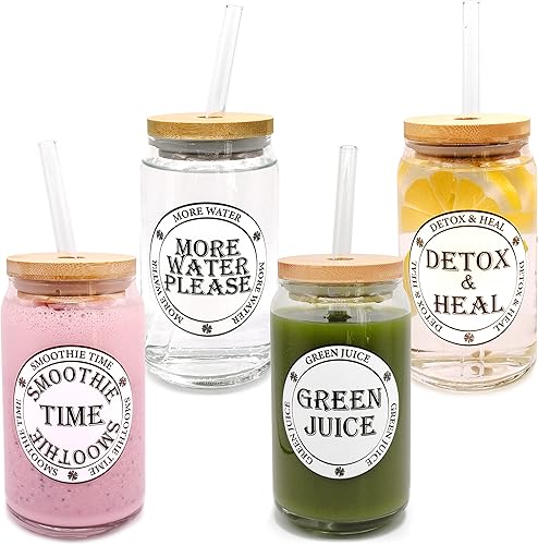 I CUBE A Glass A Lid A Straw - Juego de 4 vasos de vidrio en forma de lata de 16 onzas taza de batido jugo verde taza de agua taza de bebida