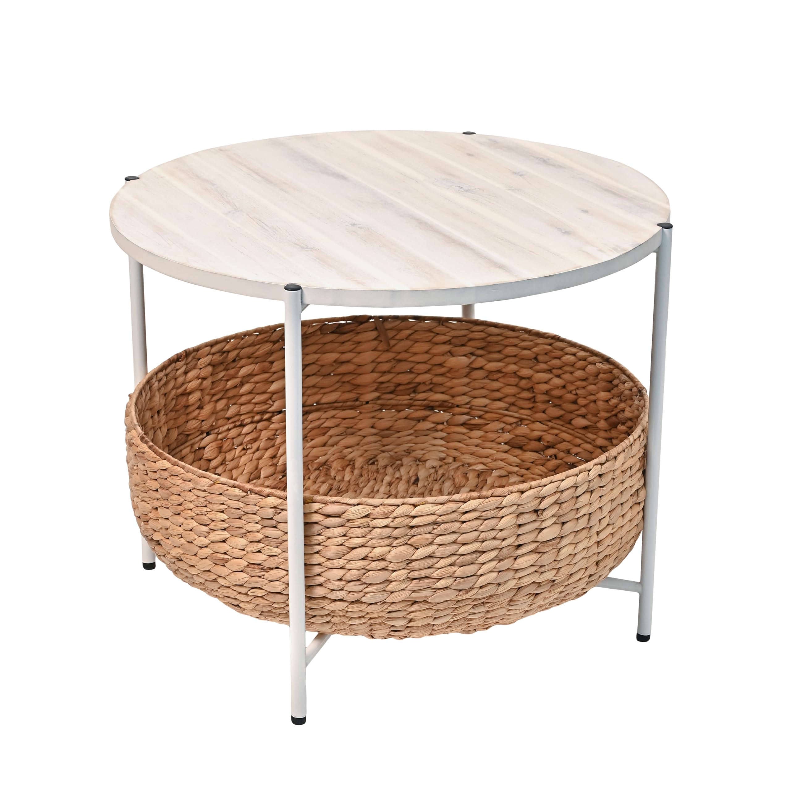 happimess SAT2000C Carly 24.21" Modern Coastal Round Acacia Wood/Water Hyacinth Coffee Table with Storage Basket, Table for Living Room and Bedroom,