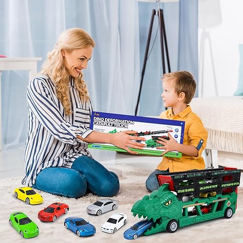 Miniatura 6 de Camión de dinosaurio 2 en 1 con 6 elegantes autos de carreras fundidos a presión para niños de más de 3 años, camión transportador de dinosaurios
