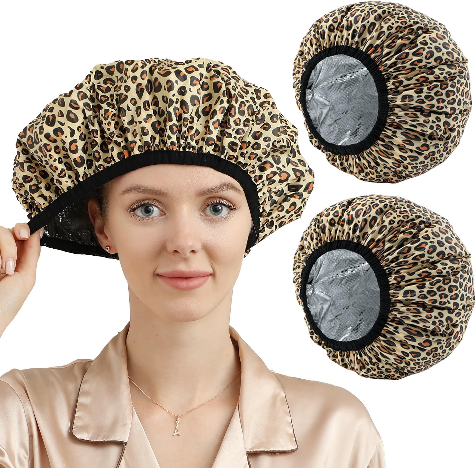 YIZIJIZI 2 Pieces Heat Cap for Deep Conditioning, Conditioning Cap Made of Aluminum Foil for Home and Salon Use, Hair Dyeing(Leopard print)