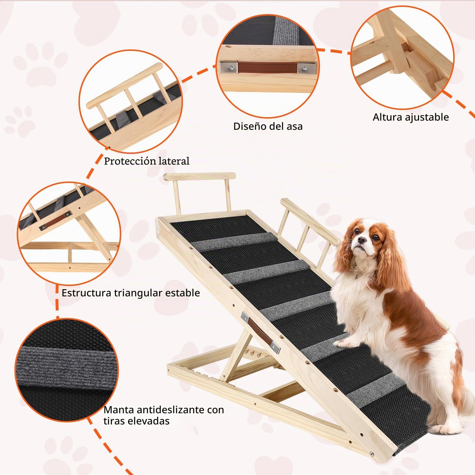 Rampa portátil multifuncional de madera plegable para mascotas, adecuada para gatos y perros, rampa de 110 cm de largo con altura ajustable de 12 a 23.4 pulgadas. Rampas para perros-110ZT,