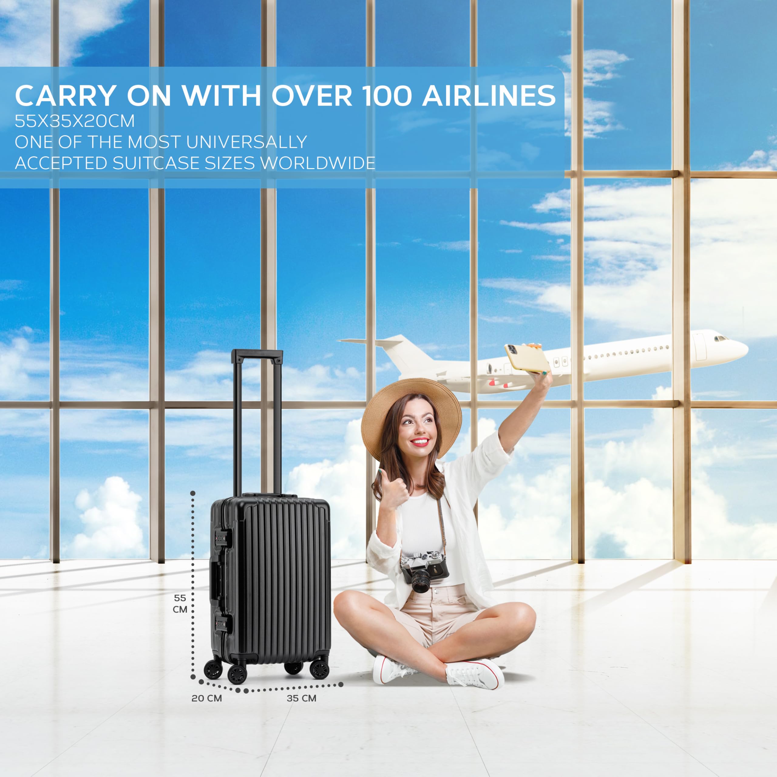 Flight Knight Premium Lightweight Carry On Suitcase - 8 Spinner Wheels - Built-in TSA Lock - Aluminium Frame, ABS Hard Shell Carry on Check in Luggage Highly Durable - Approved for Over 100 Airlines