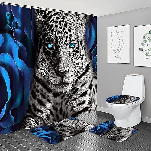 NBVKO Juego de 4 cortinas de ducha con diseño de rosa azul y leopardo con alfombras antideslizantes tapa de inodoro y tapete de baño juego de