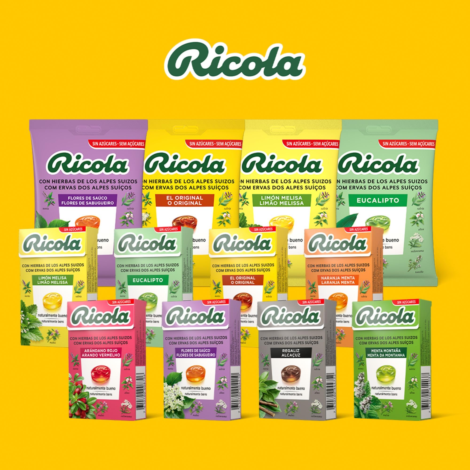 Ricola - Hierbas Suizas Original, Caramelos Duros Sin Azúcar, Refresca, Alivia la Garganta y la Respiración, con Aceites Esenciales de Menta, Mentol y 13 Hierbas Suizas, con Edulcorantes - Bolsa 70 g