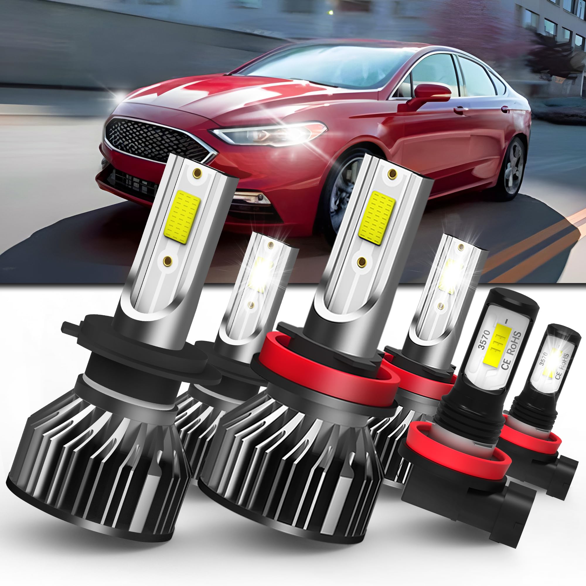 SPBRTBUB fit for ford fusion (2006-2018) LED Bulbs H7 High Beam + H11 Low Beam+ H11/H8 Fog Lights Bulbs Kit, Super Bright 6500K, with Fan, Plug and Play, Pack of 6