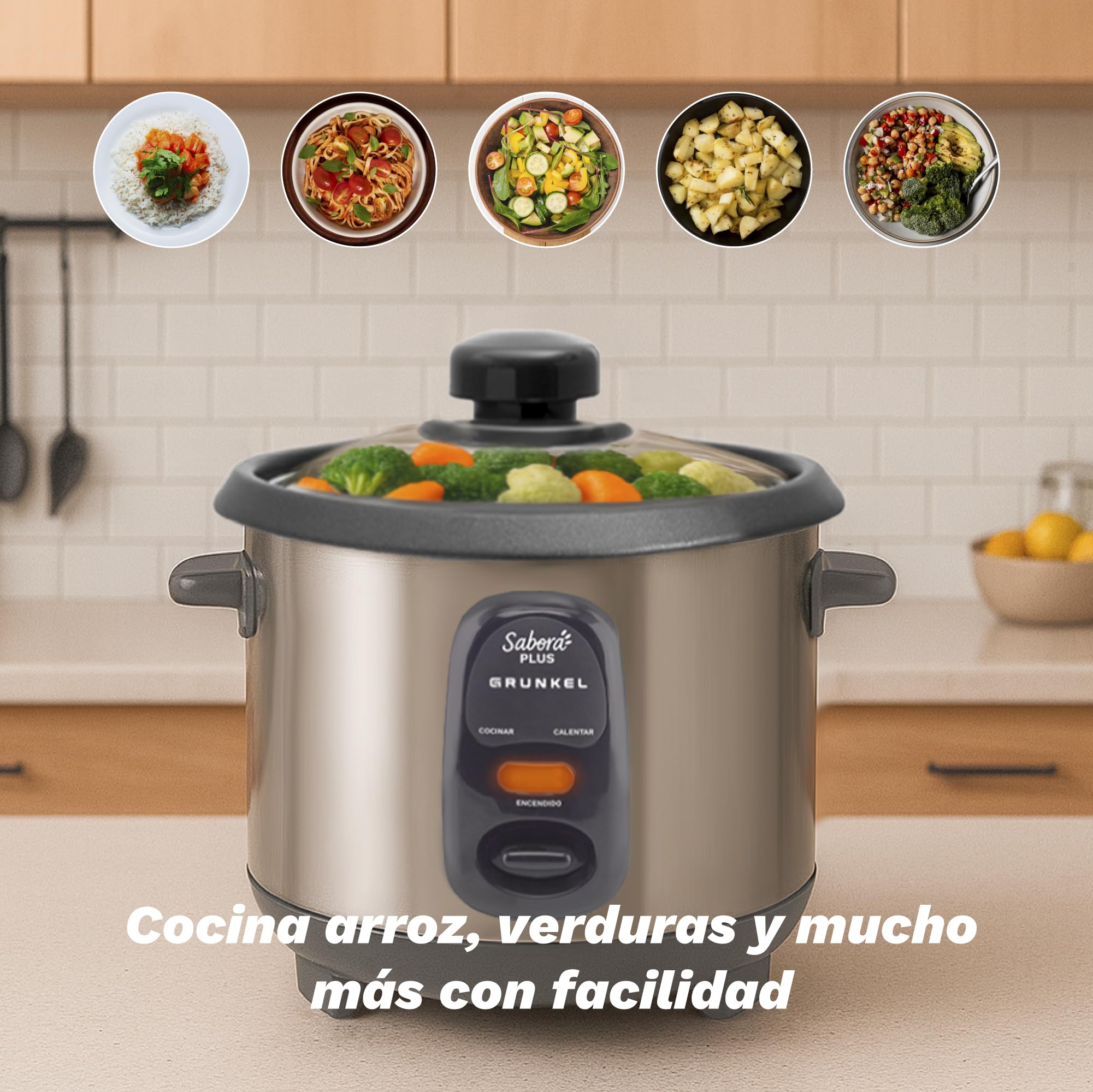 GRUNKEL - Arrocera Eléctrica RC-18L 700W | Capacidad 1,8 Litros | Función Mantener Calor | Cubeta Antiadherente | Exterior Acero Inoxidable | Indicadores Luminosos