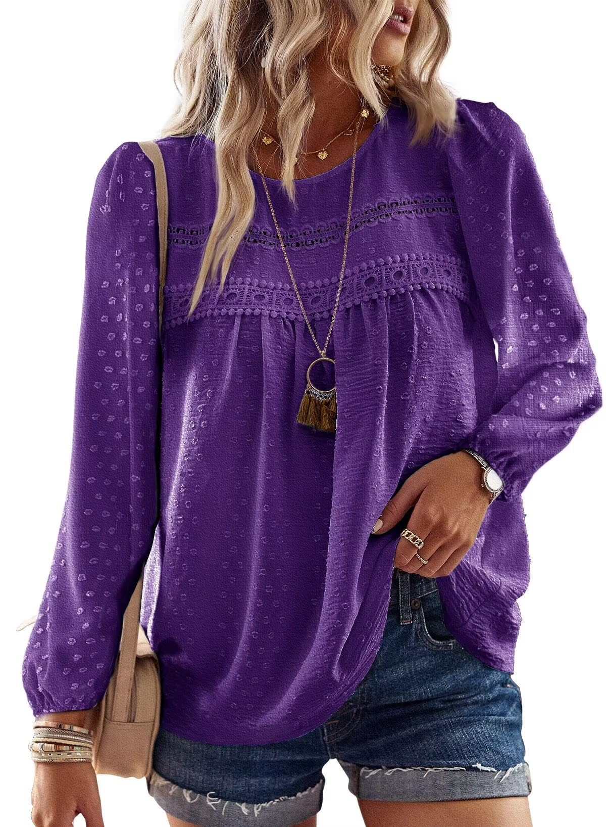 TUUHAW Camicia Donna Manica Lunga Autunno Boho Top con Scollo Rotondo Punto Svizzero Bluse Pizzo Elegante Maglietta Casual