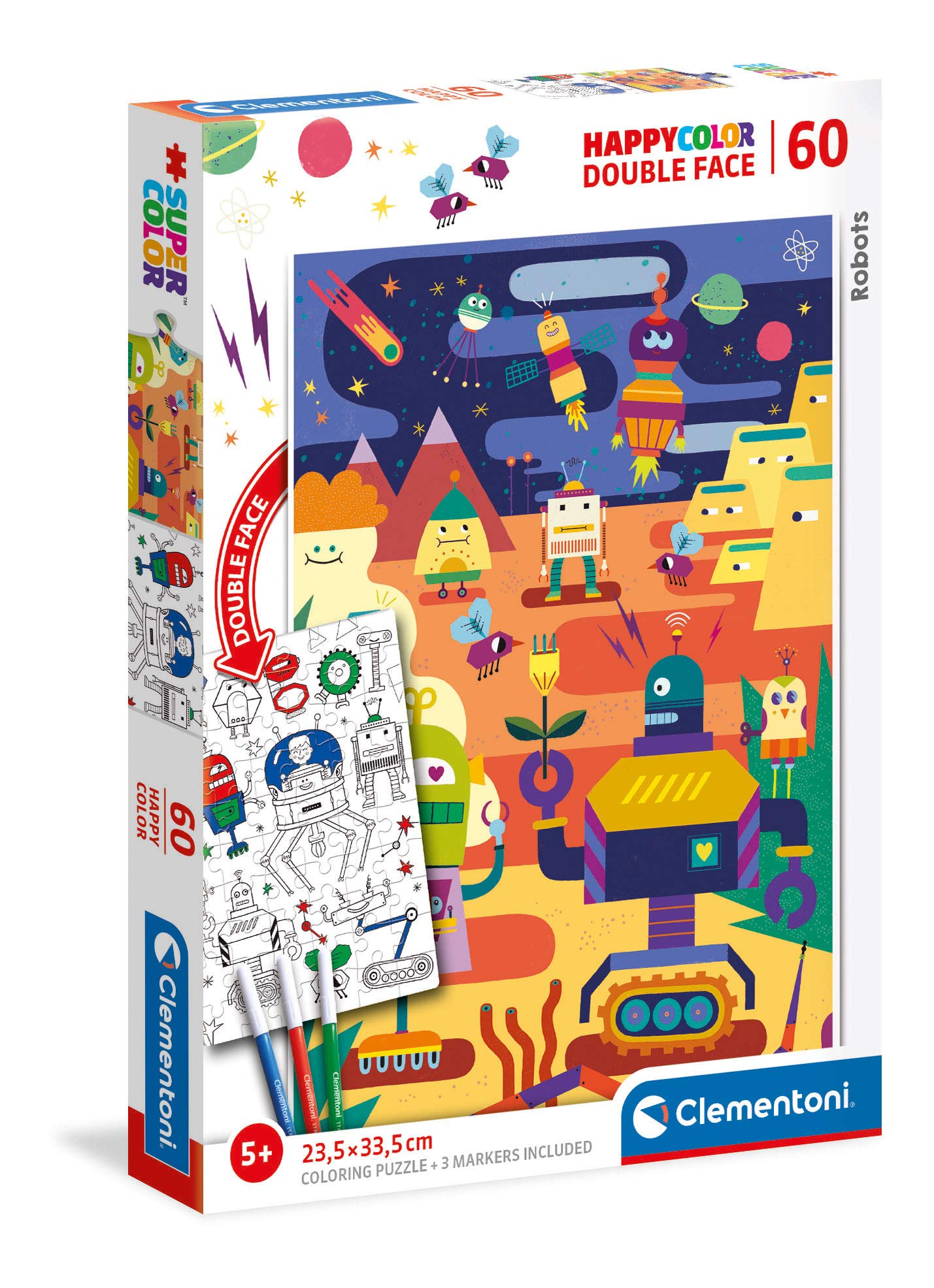 Clementoni 26061, Robots Supercolor Double Face Puzzle for Children - 60 Pieces, Ages 5 Years Plus