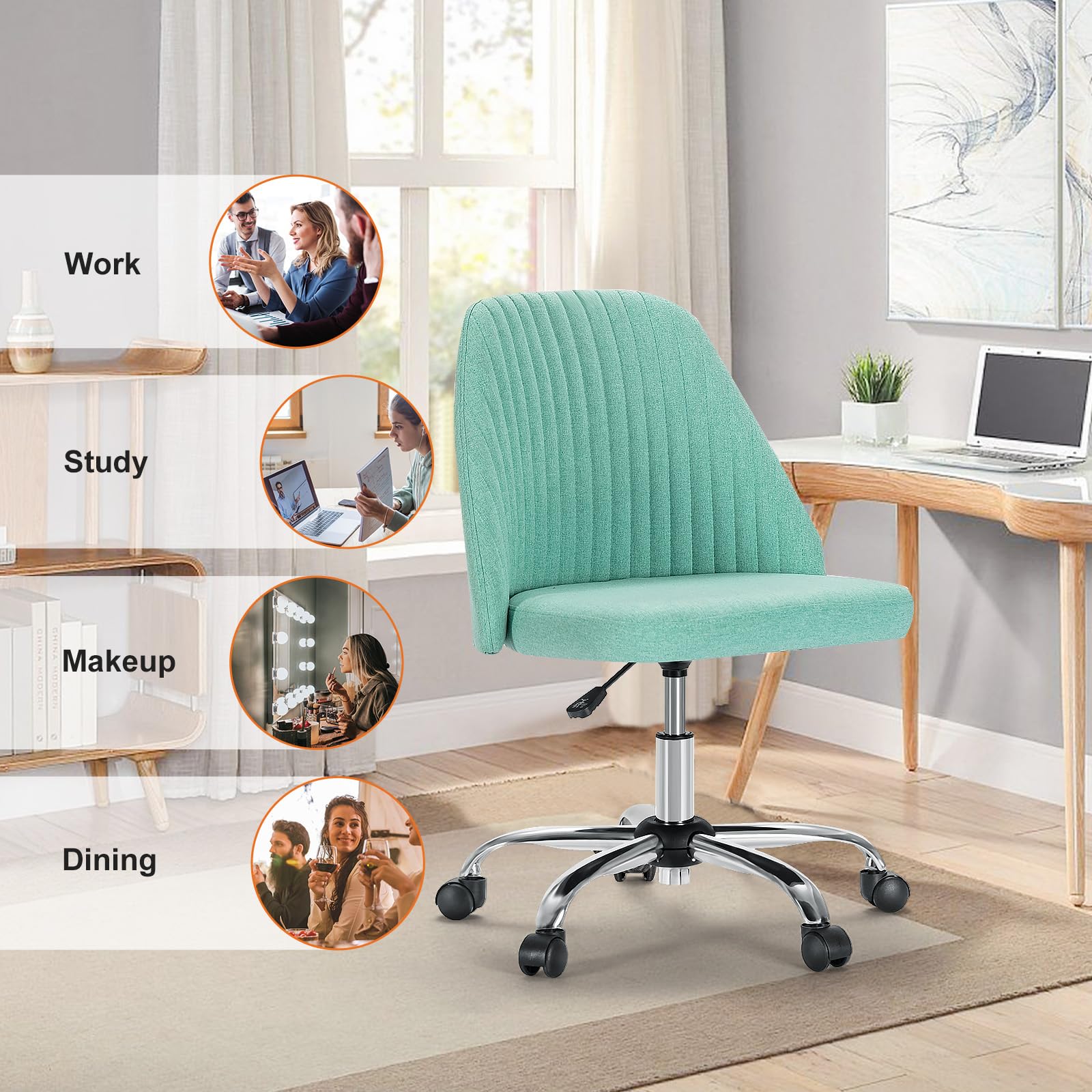 Sweetcrispy Armless Vanity Chair, Cute Comfy Home Office Desk Chair with Wheels, Modern Upholstered Task Computer Seat for Bedroom, Study, Makeup Vanity, Height Adjustable & Swivel, Mint
