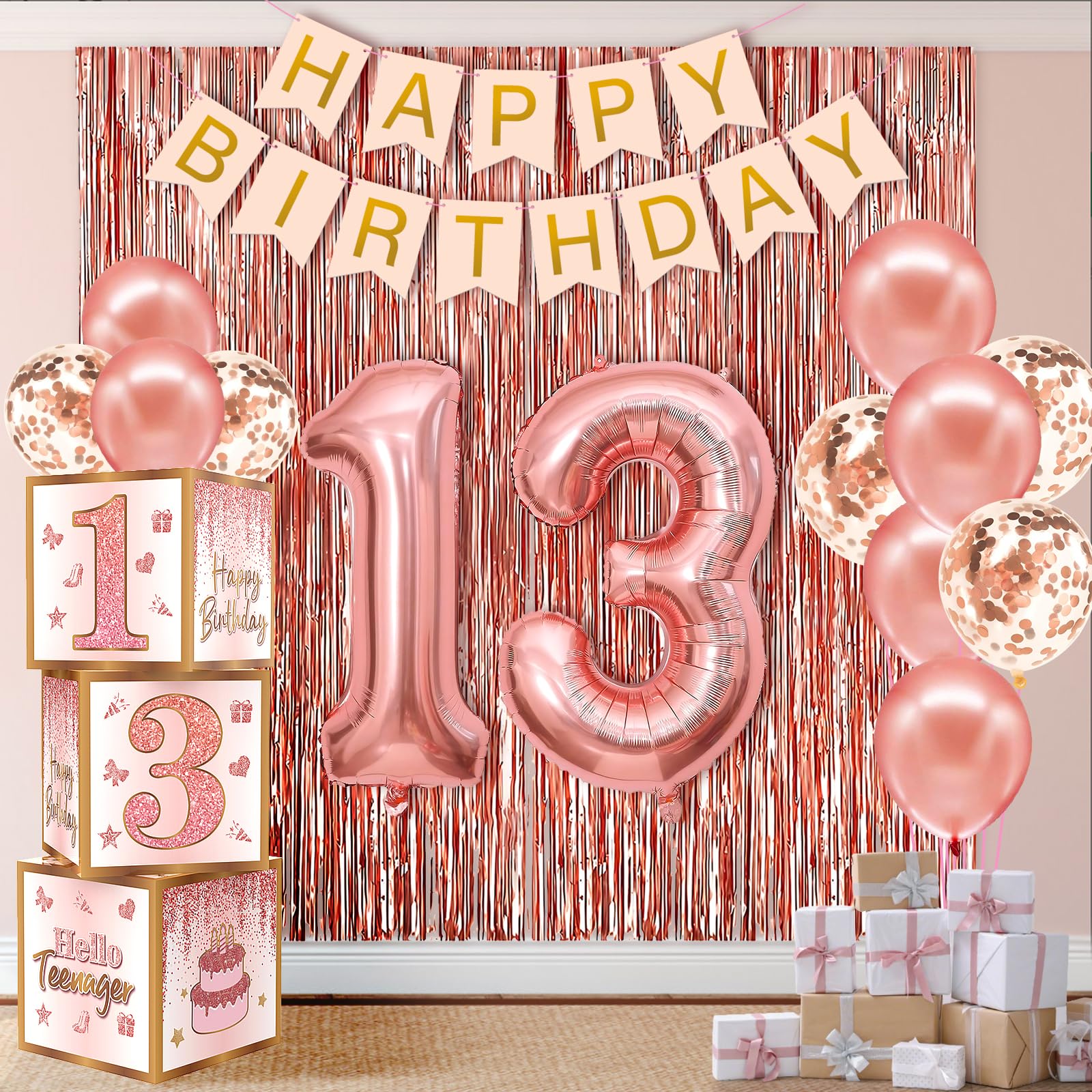 13th Birthday Decorations for Girls,13 Year Old Boxes Decor for Girls Women Happy official 13th teenager Birthday Kits Pink Rose Gold Number 13 Foil